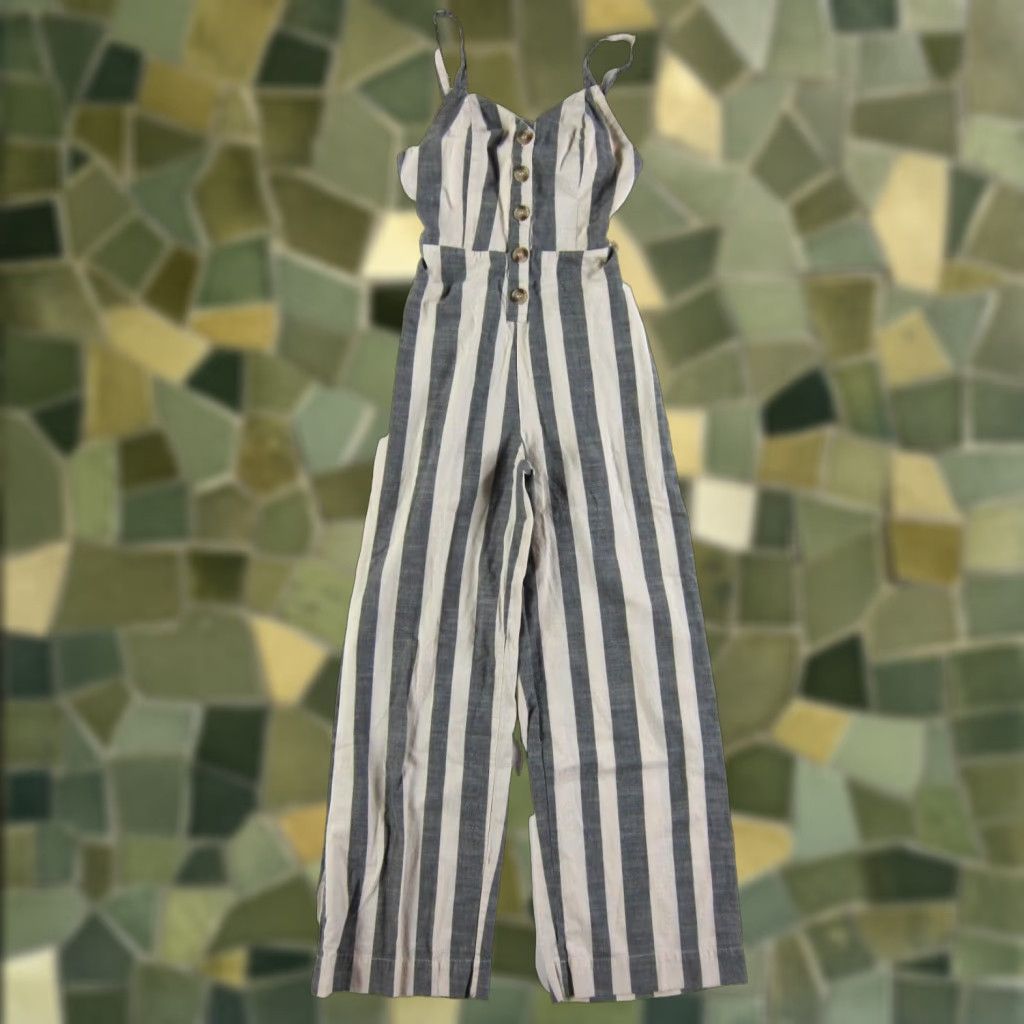 Vintage Japna 100% Cotton Ivory Blue Stripe Pocket Wide Leg Romper Jumpsuit Size XS Size 26" / US 2 / IT 38 - 1 Thumbnail