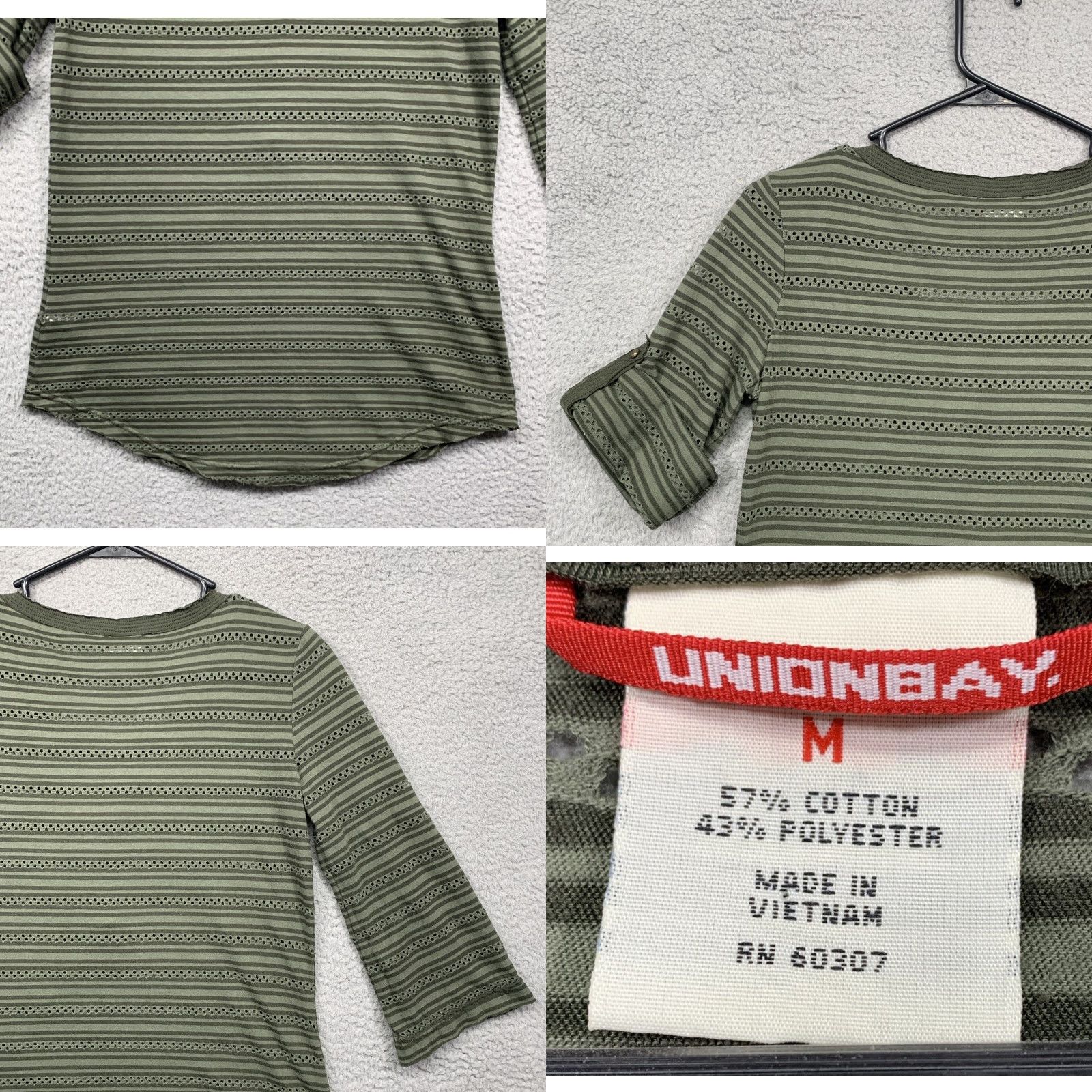 Vintage UNIONBAY Womens Top M Forest Green 3/4 Sleeve Rounded Hem Breathable Cotton Polyester Stripes Lace Holes Pullover Shirt Adults Womens Size M / US 6-8 / IT 42-44 - 8 Thumbnail