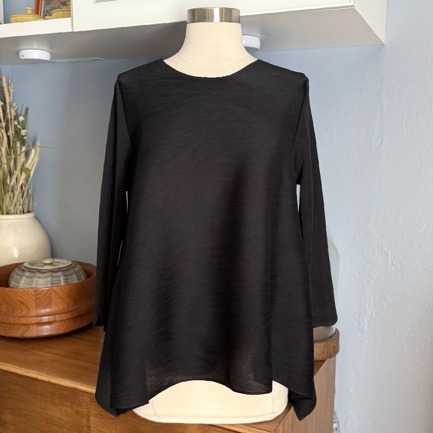 Vintage MEIMEIJ Blouse Top Black Pleated 40/42 Blusa Blusa 3/4 Sleeve Womens Polyester Pleats【อ่านข้อความเต็ม Size S / US 4 / IT 40 - 2 Thumbnail