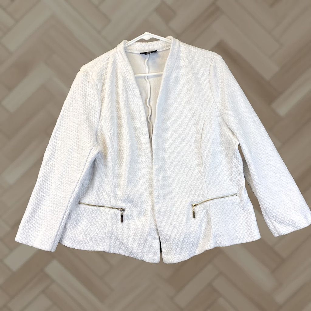 Alfani ALFANI Blazer Jacket Women’s Size L White Open Front Zip / 22-41 Jacket Womens L White Zip Open Front Cotton Blend Size L / US 10 / IT 46 - 1 Thumbnail
