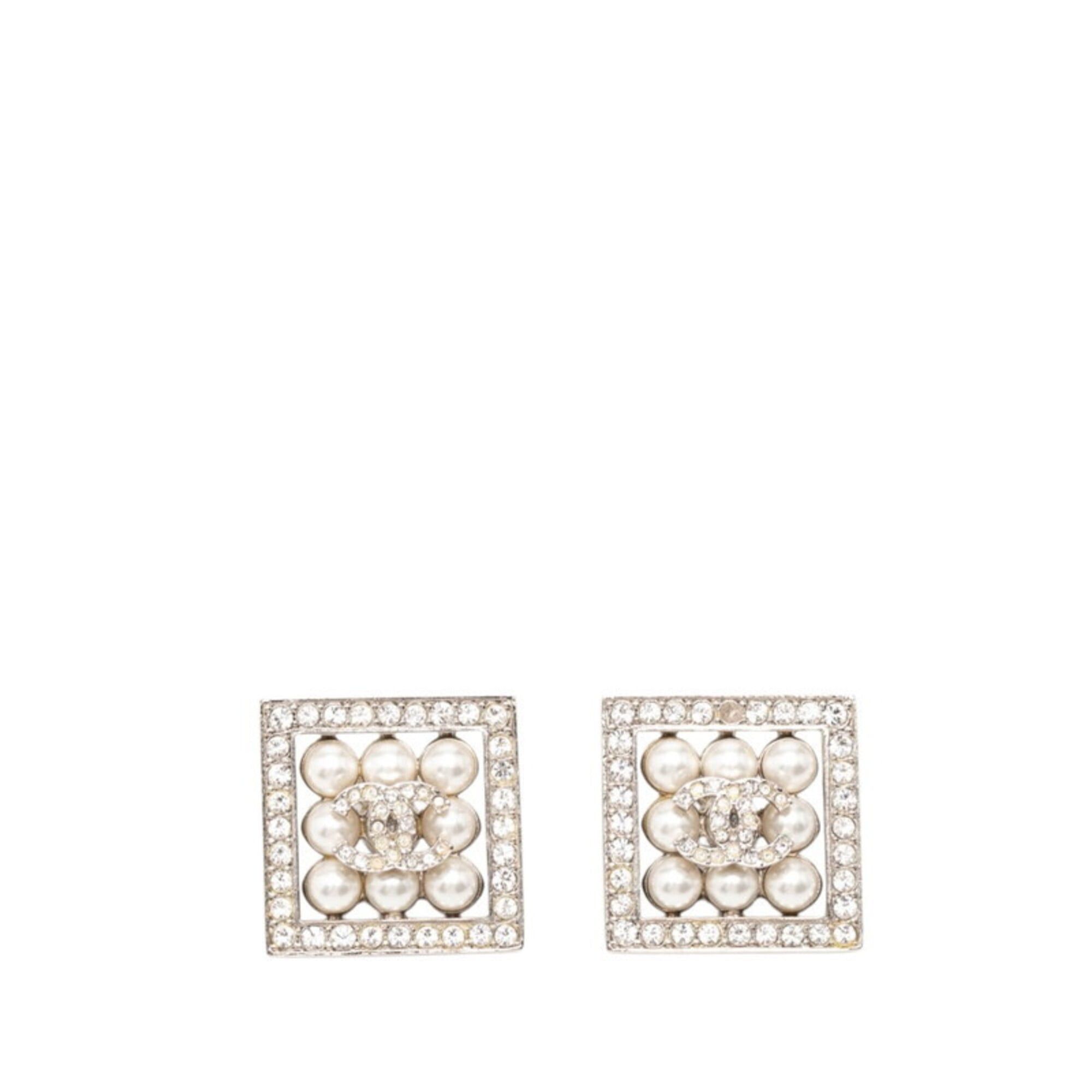 Chanel Chanel Coco Mark Square Stud Earrings, C24S Engraving, Silver Metal Rhinestone, Faux Pearl, Women's CHANEL Size ONE SIZE - 1 Thumbnail