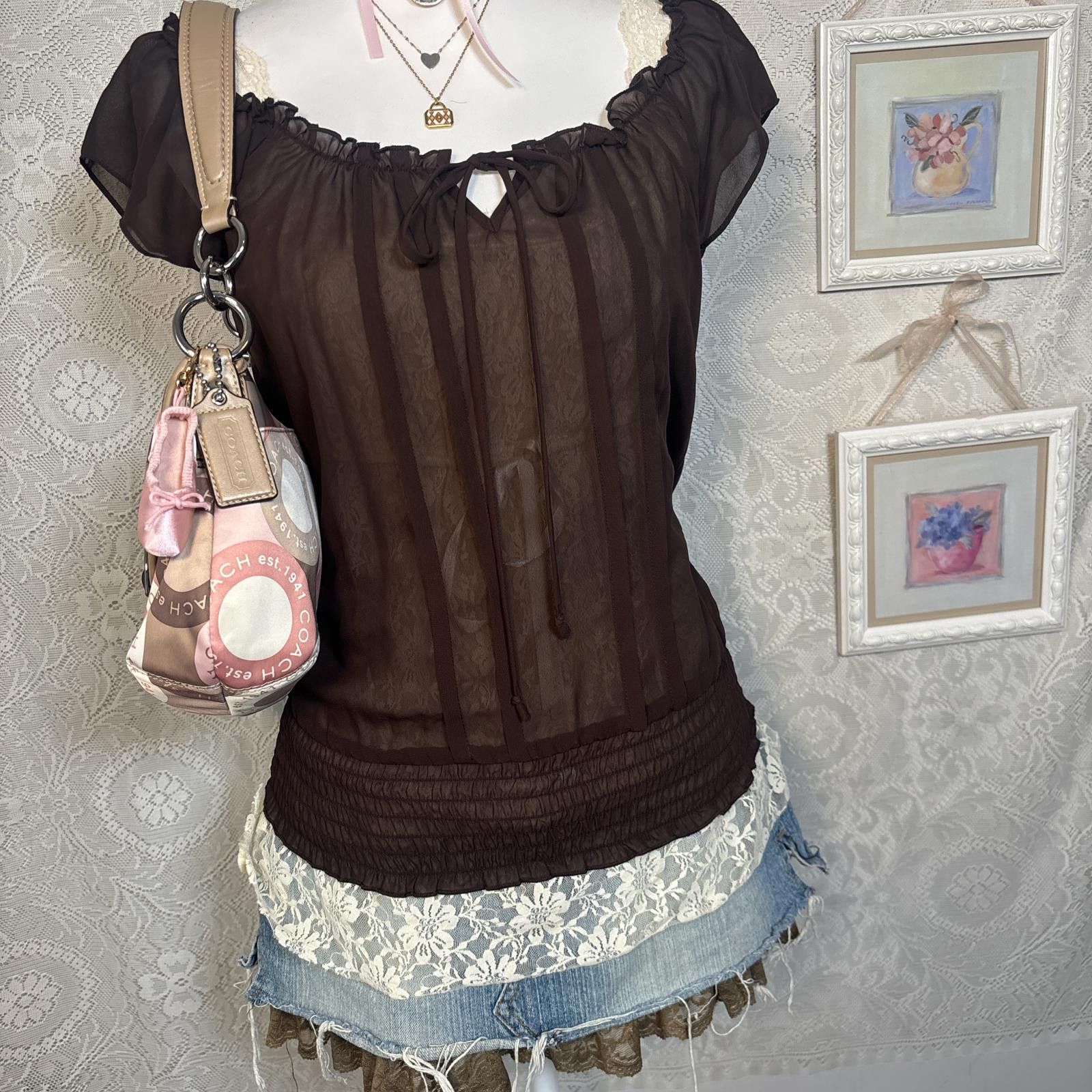 Other y2k brown fairy core mesh ruffle blouse top Size S / US 4 / IT 40 - 2 Thumbnail