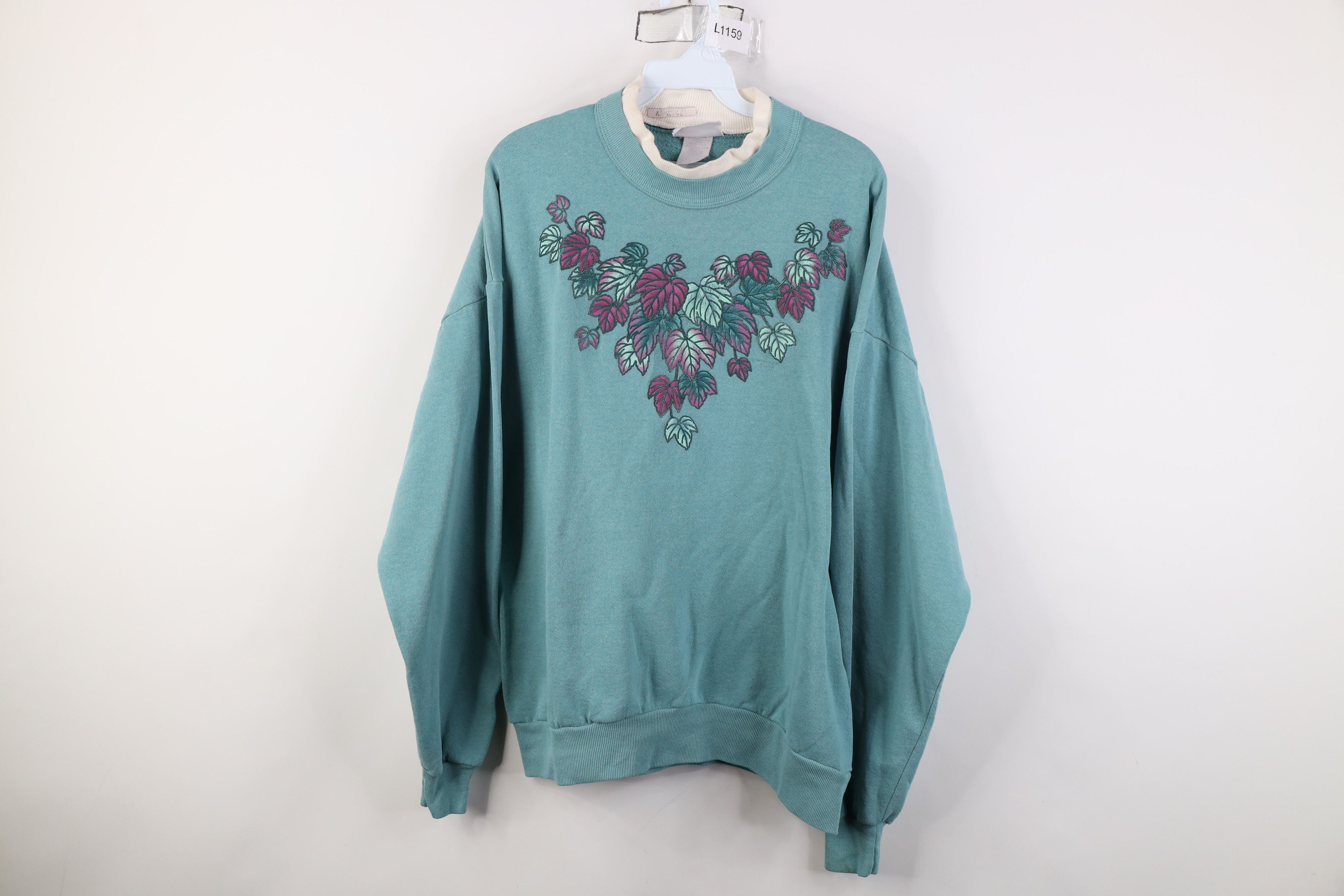 Vintage Vintage 90s Streetwear Thin Nature Leaf Sweatshirt Teal USA Size XL / US 12-14 / IT 48-50 - 1 Thumbnail