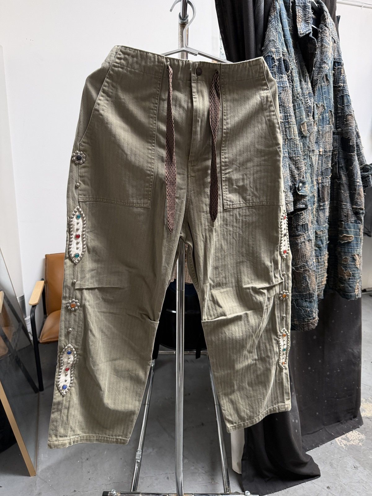Kapital Kountry Kapital Sulfur Straight-Leg Embellished Herringbone Trousers Size US 30 / EU 46 - 1 Thumbnail