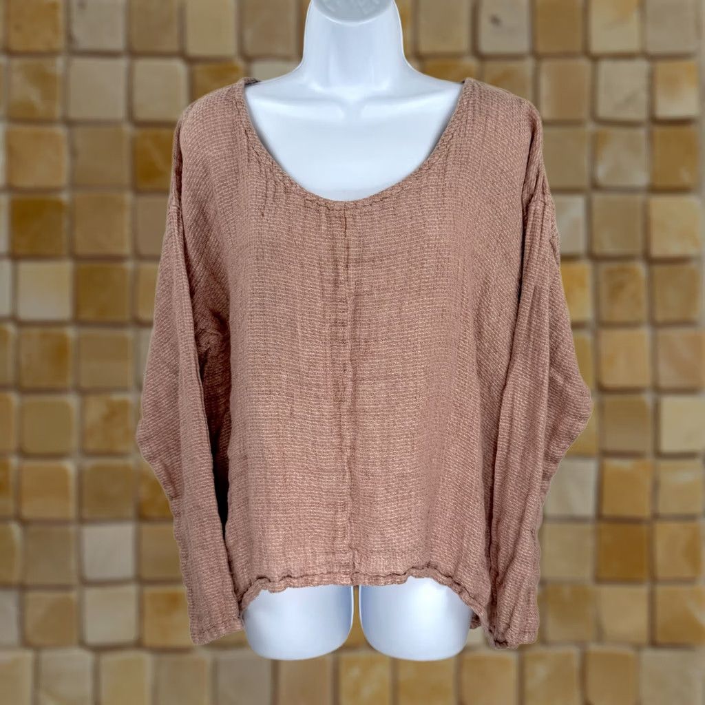 FLAX FLAX Blouse Shirt Oversize Linen Pink V-Neck Long Sleeve M Adult Womens 100% Linen Oversized Casual Bohemian 24" Pit to Pit 19" Sleeve 24" Length Size M / US 6-8 / IT 42-44 - 1 Thumbnail