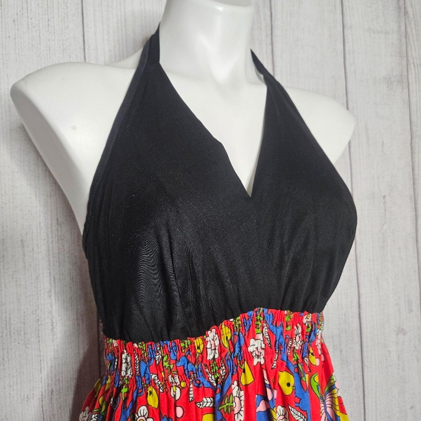 Vintage VTG Butterfly Flower Maxi Dress w Halter Open Back, sz S Size S / US 4 / IT 40 - 3 Thumbnail