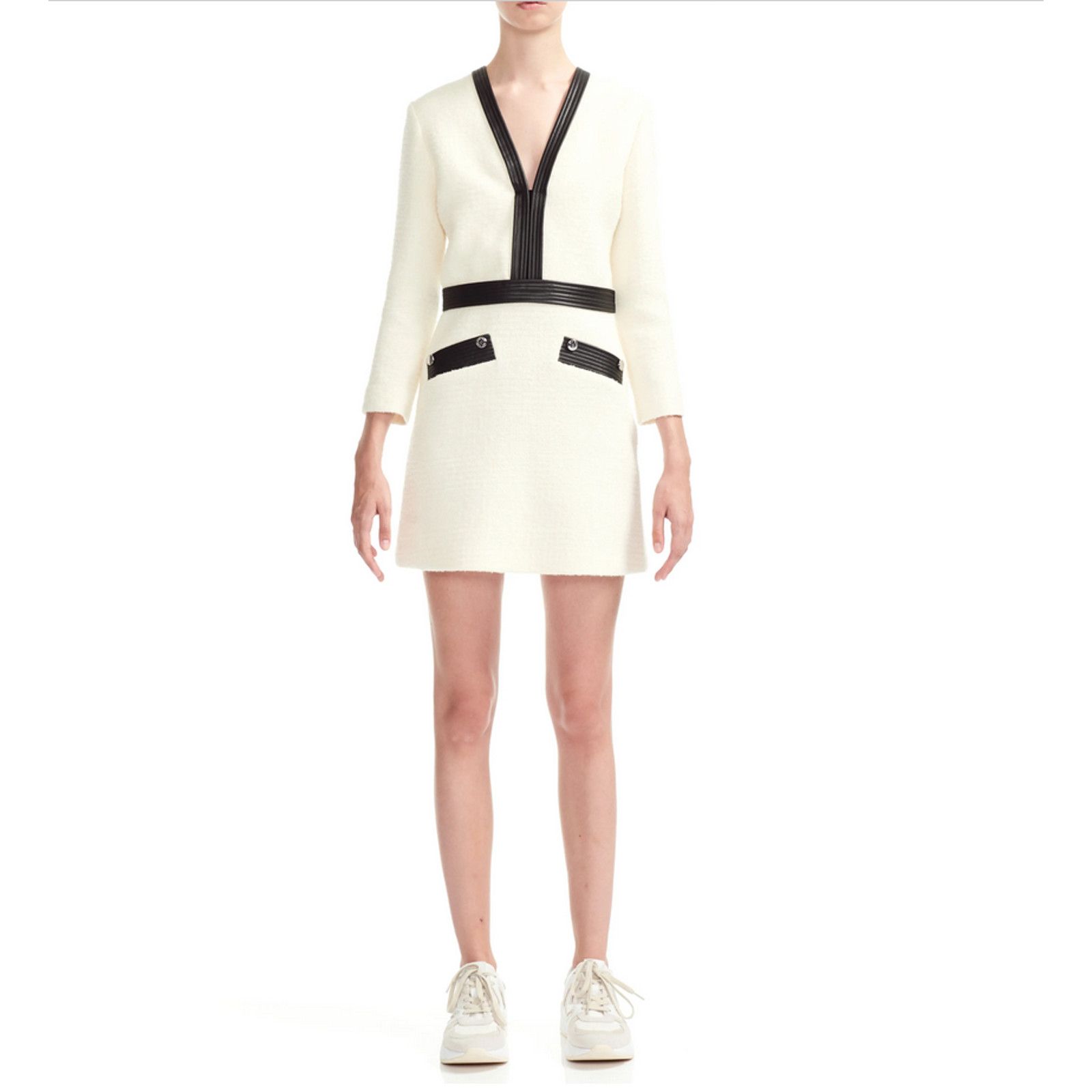 Maje Maje Remma Faux Leather Detail Tweed Minidress Cream Size M / US 6-8 / IT 42-44 - 1 Thumbnail