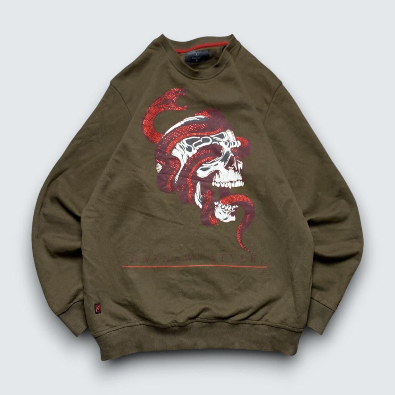 Japanese Brand 00s Graphic Skull Sweatshirt Khaki XL Size US XL / EU 56 / 4 - 1 Thumbnail