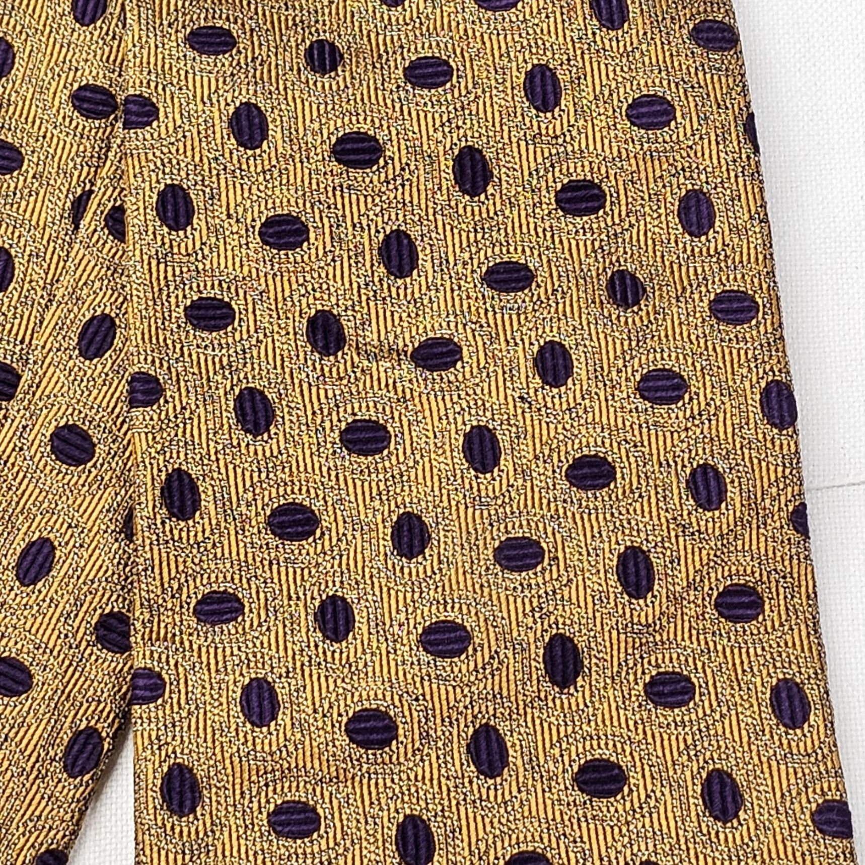 Vintage XMI Couture Long Necktie Men's Gold Purple Polka Dots Textured USA Silk Size ONE SIZE - 3 Thumbnail