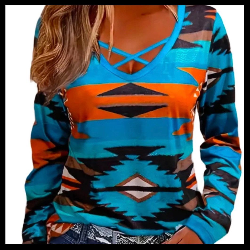 Other Geometric Print Cross-Front V-Neck Long Sleeve Shirt Size L / US 10 / IT 46 - 2 Thumbnail