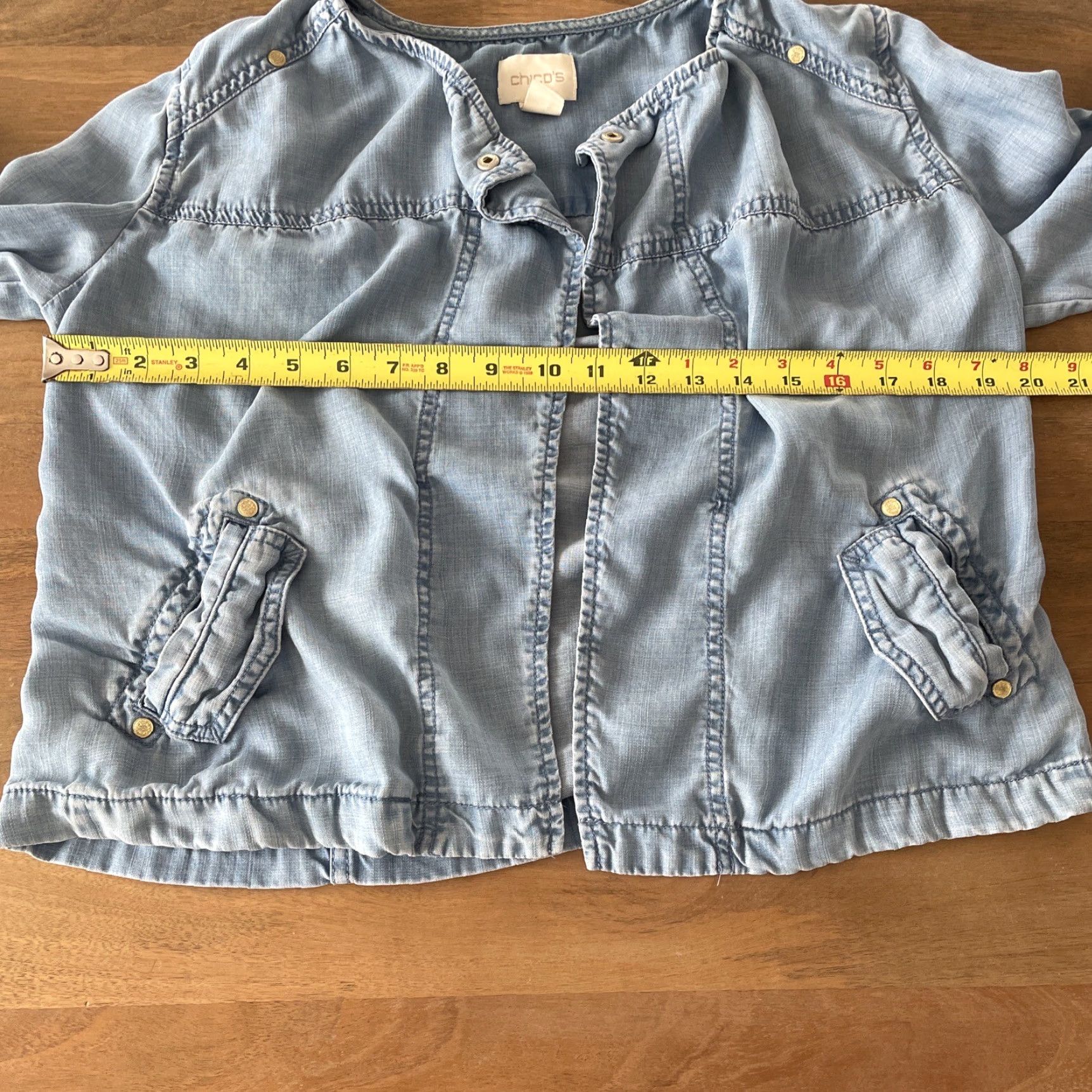 Vintage Chico's Cardigan Women's Blue Chambray Open Front Roll Tab Sleeve Size 4 US 0 4 Lyocell Sweater Regular Size S / US 4 / IT 40 - 7 Thumbnail