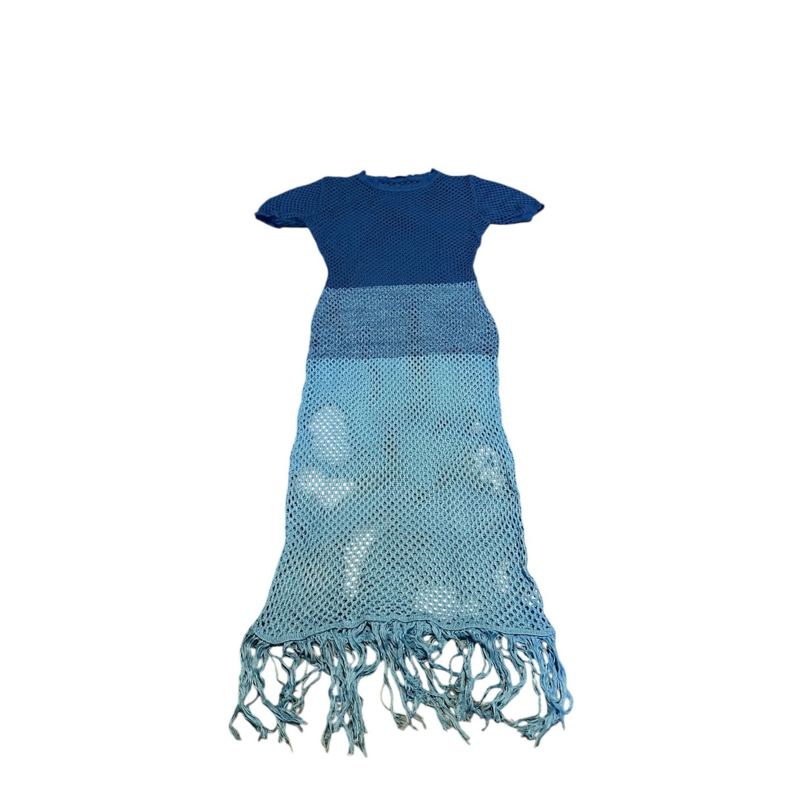 Other Blue Ombre Fringe Hem Crochet Hollow Out Cover Up Dress Size XL / US 12-14 / IT 48-50 - 2 Thumbnail