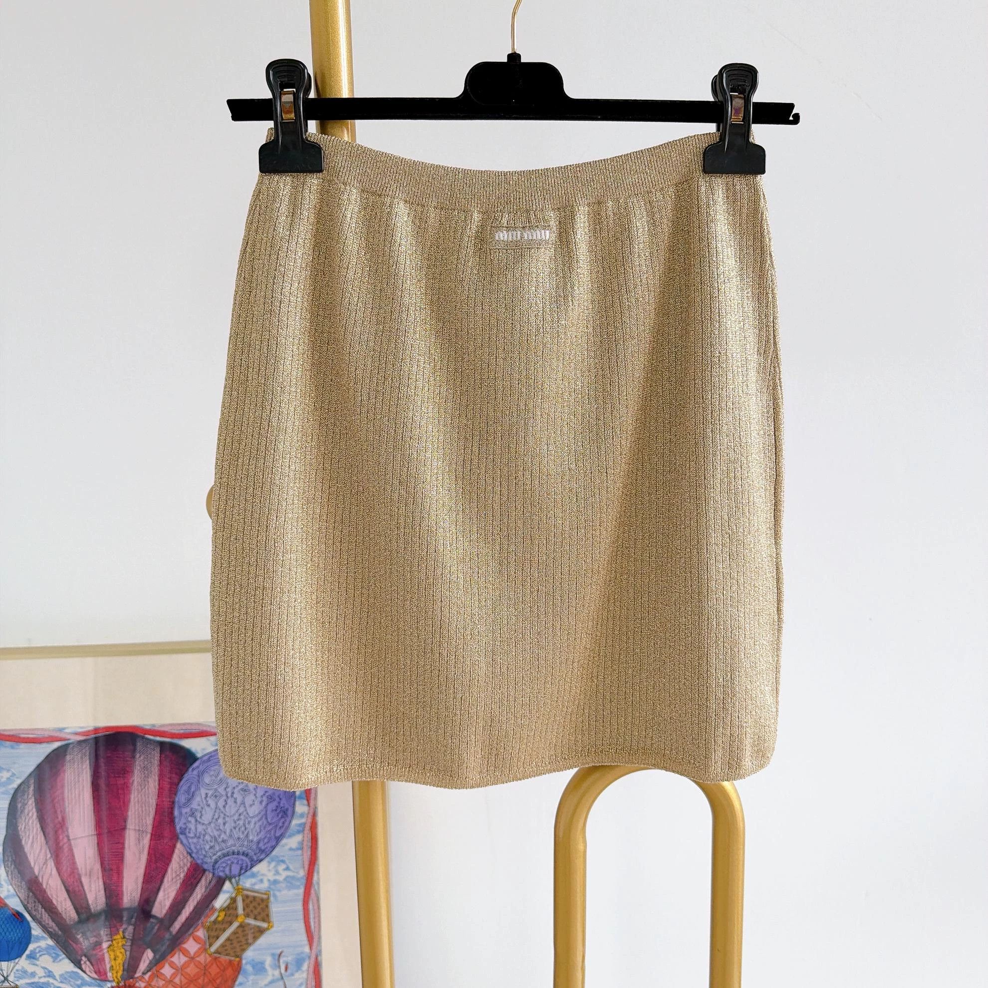 Miu Miu MIU MIU Gold Short Skirt 42 Stretchy NWT 8381 Size 28" / US 6 / IT 42 - 2 Thumbnail