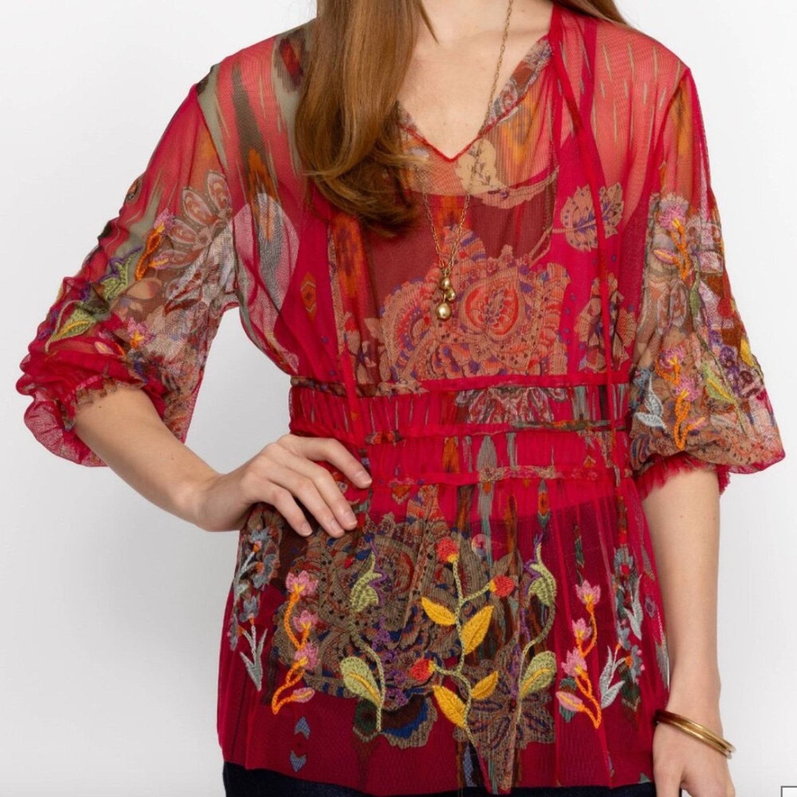 Johnny Was Johnny Was Feather Lark Embroidered Mesh Blouse Size S / US 4 / IT 40 - 6 Thumbnail
