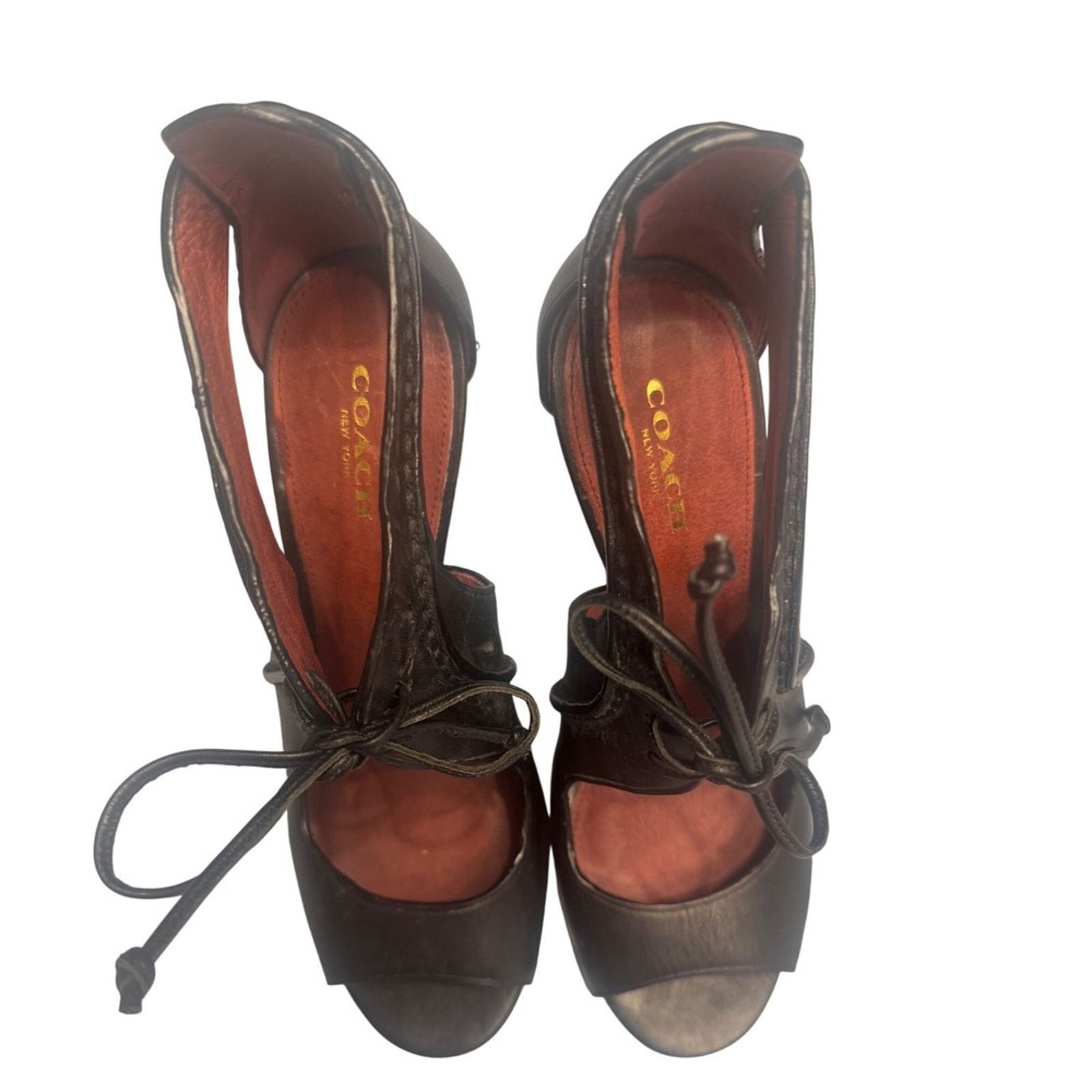 Coach Coach Black Leather Lace-Up Heels w/ Snakeskin Stiletto Size US 7 / IT 37 - 2 Thumbnail
