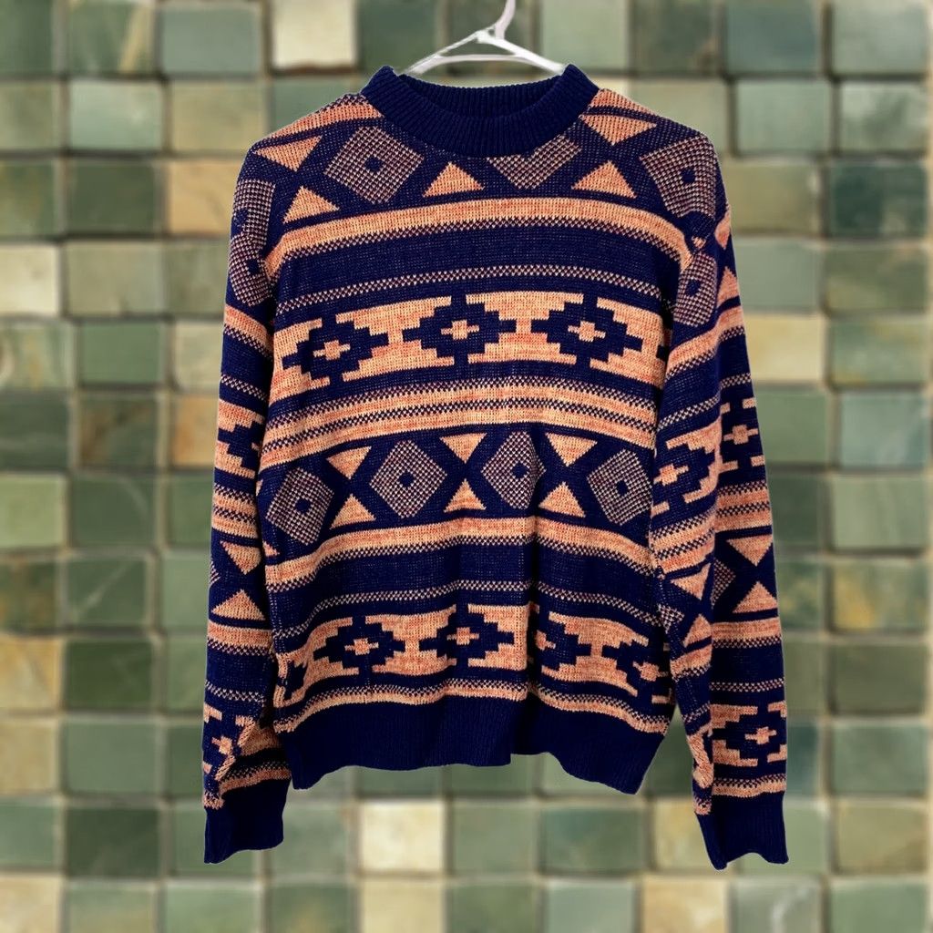 Vintage VINTAGE Men's Southwestern Sweater Navy Blue Peach Mock Neck Large Indie Sleaze Sweater Size US L / EU 52-54 / 3 - 1 Thumbnail