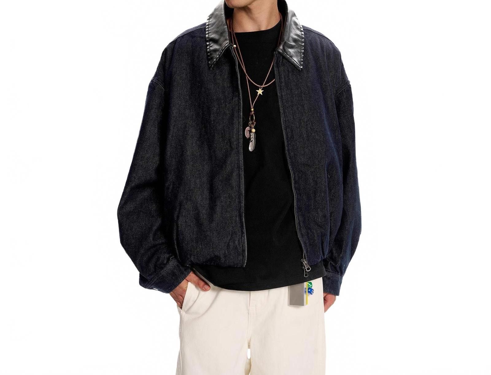 Jean Black Oversized Denim Jacket with Leather Collar Size US M / EU 48-50 / 2 - 3 Thumbnail