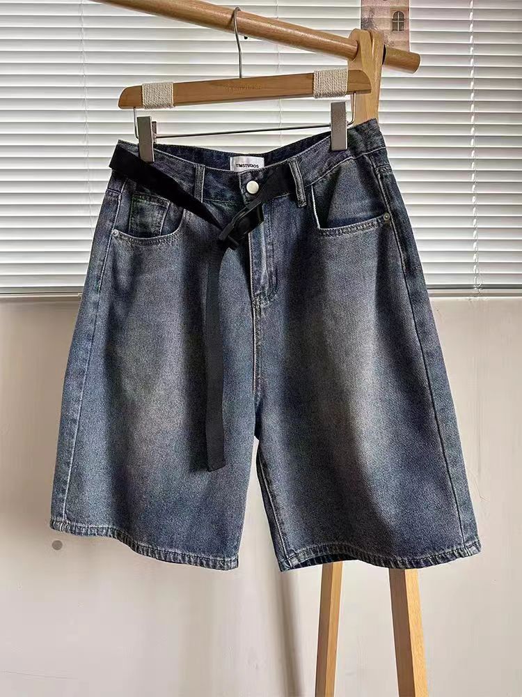Adjustable waistband washed vintage street denim shorts