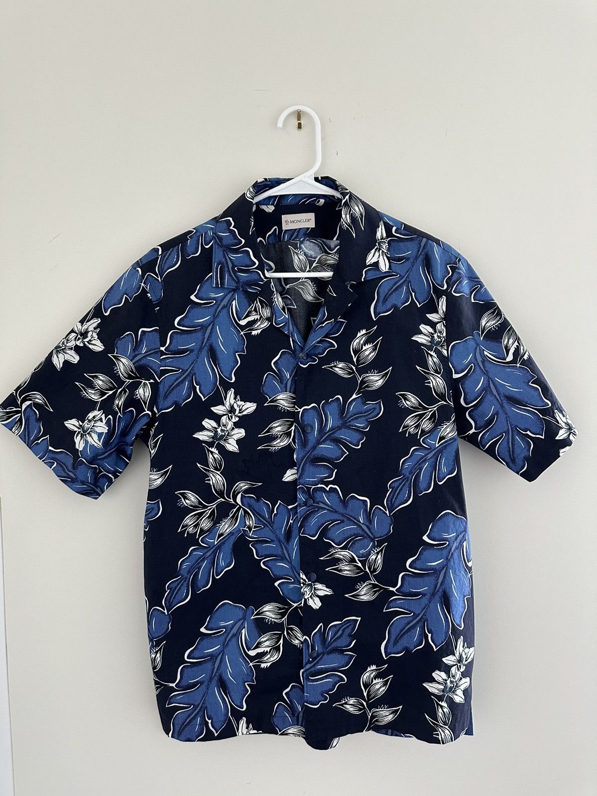 image of Moncler Ss21 Button Up Short Sleeve Tee in Black White Blue, Men's (Size Small)
