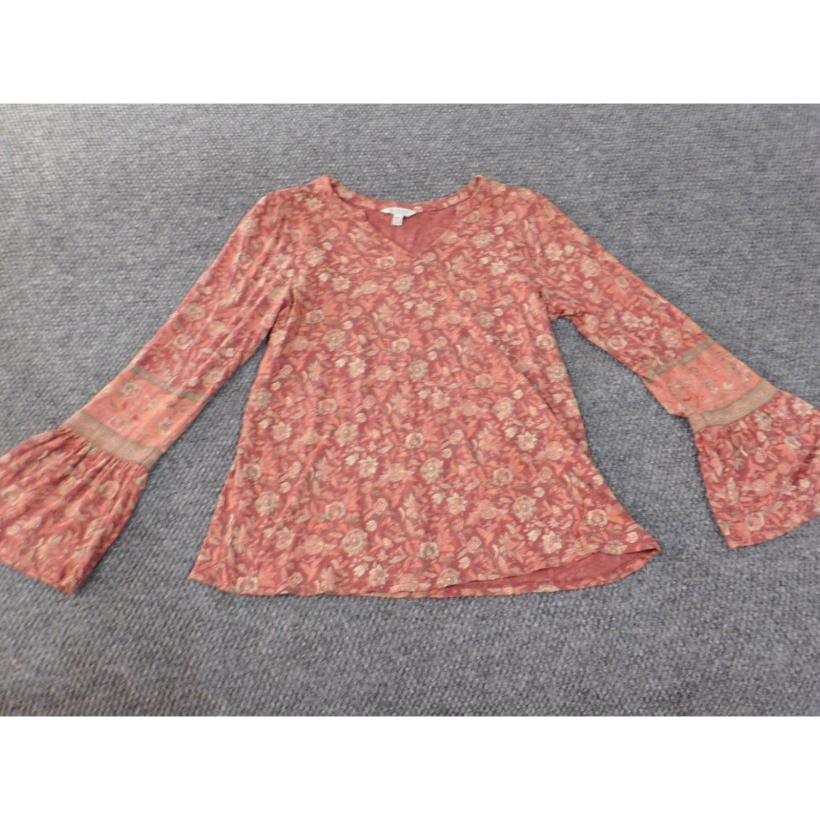 Lucky Brand Lucky Brand Blouse Shirt Women M Pink Bell Sleeve Geometric Floral V-Neck Cotton Linen Viscose Rayon Stretch Regular Basic Casual Size M / US 6-8 / IT 42-44 - 2 Thumbnail