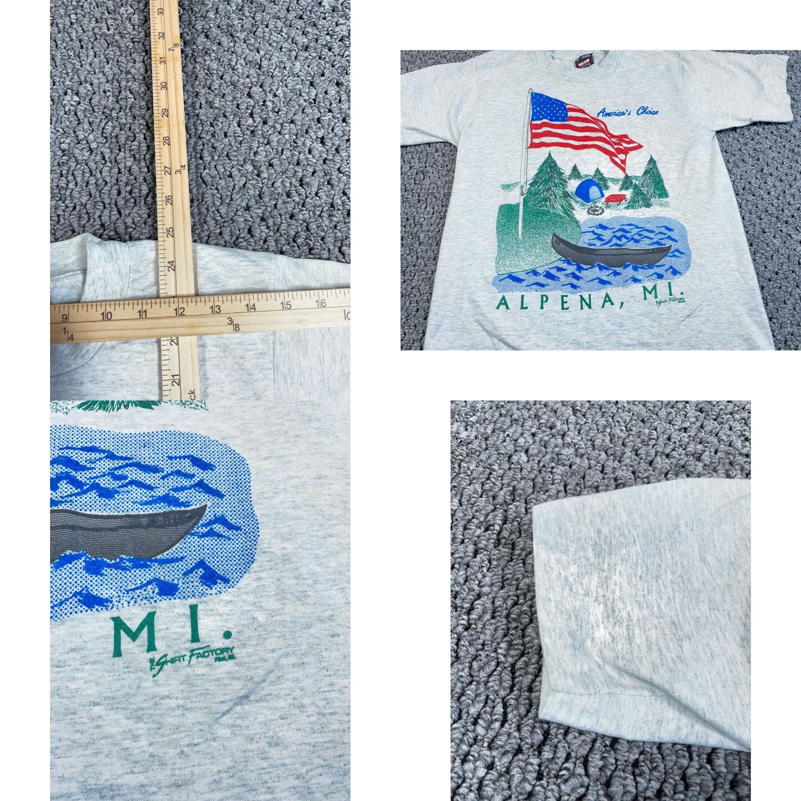 Fruit Of The Loom VTG 90s Alpena Michigan Lake Print T-Shirt Adult S Gray Fruit of the Loom Short Sleeve Crew Neck 50/50 Vintage Men's Shirt Size US S / EU 44-46 / 1 - 8 Thumbnail