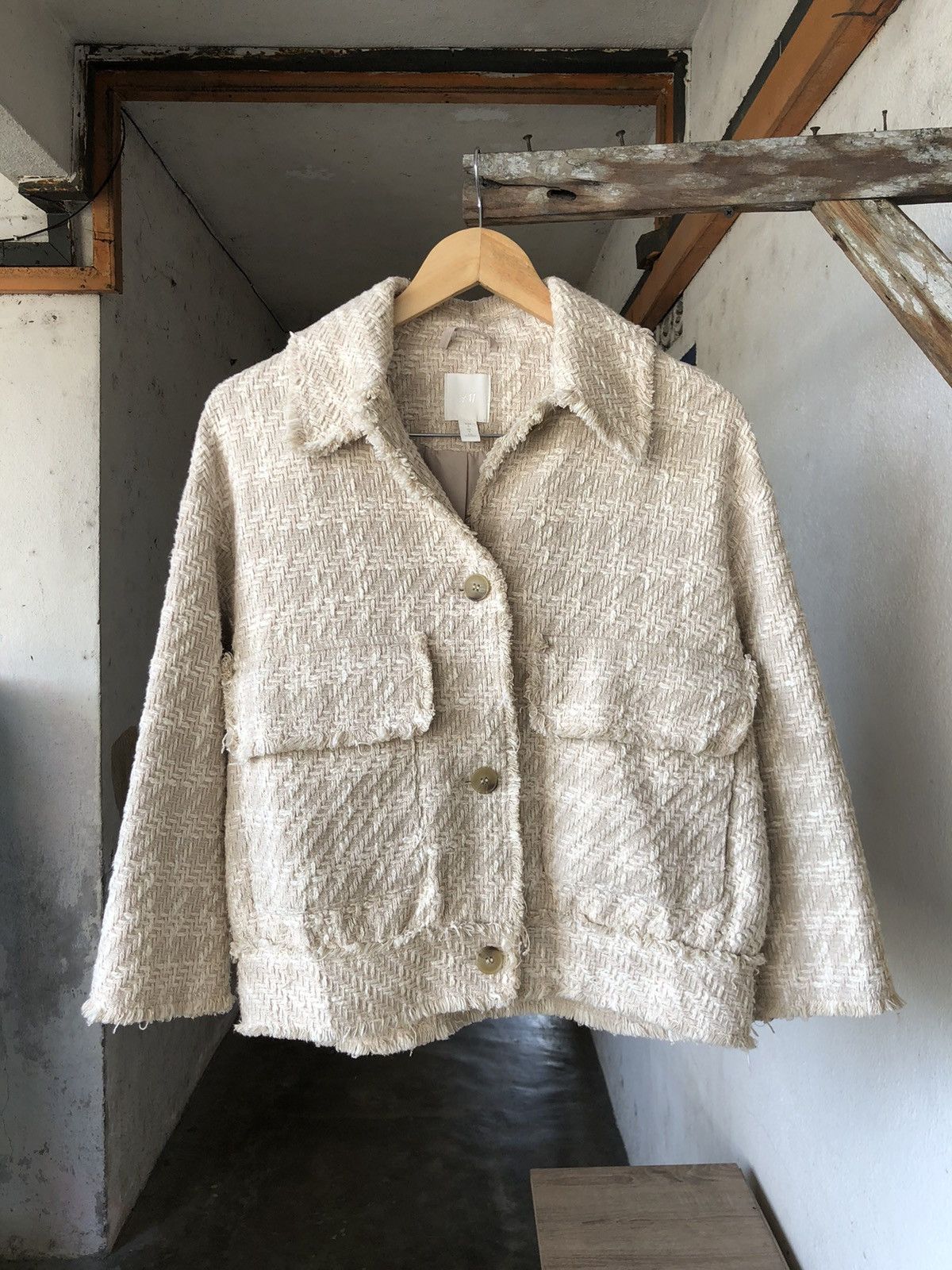 image of Archival Clothing x H&m Niceh&m Tweed Cotton Jacket in Khaki, Women's (Size Small)