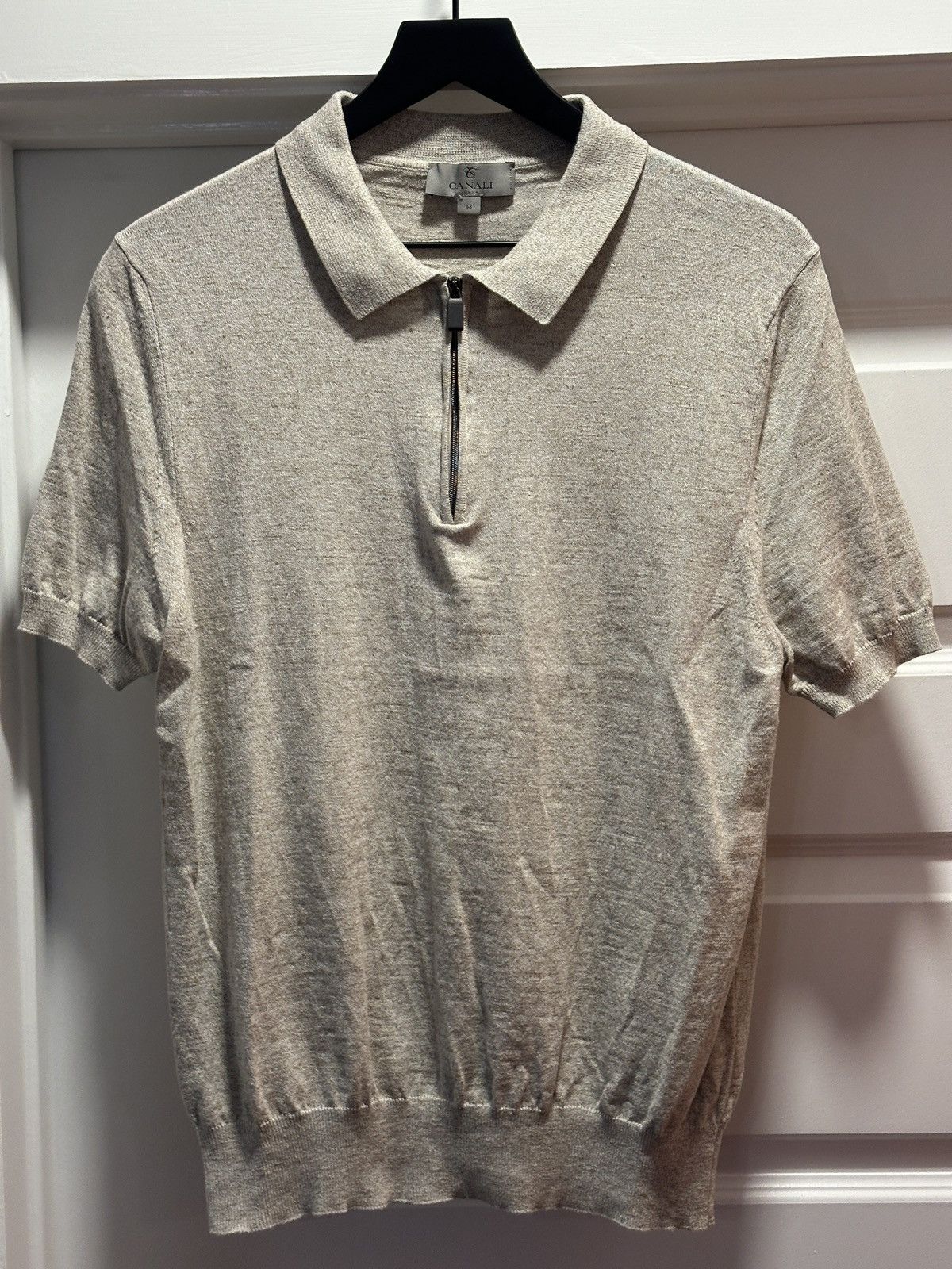 Canali Canali Beige Marl Knit Zip Polo Made in Italy Size US M / EU 48-50 / 2 - 1 Thumbnail