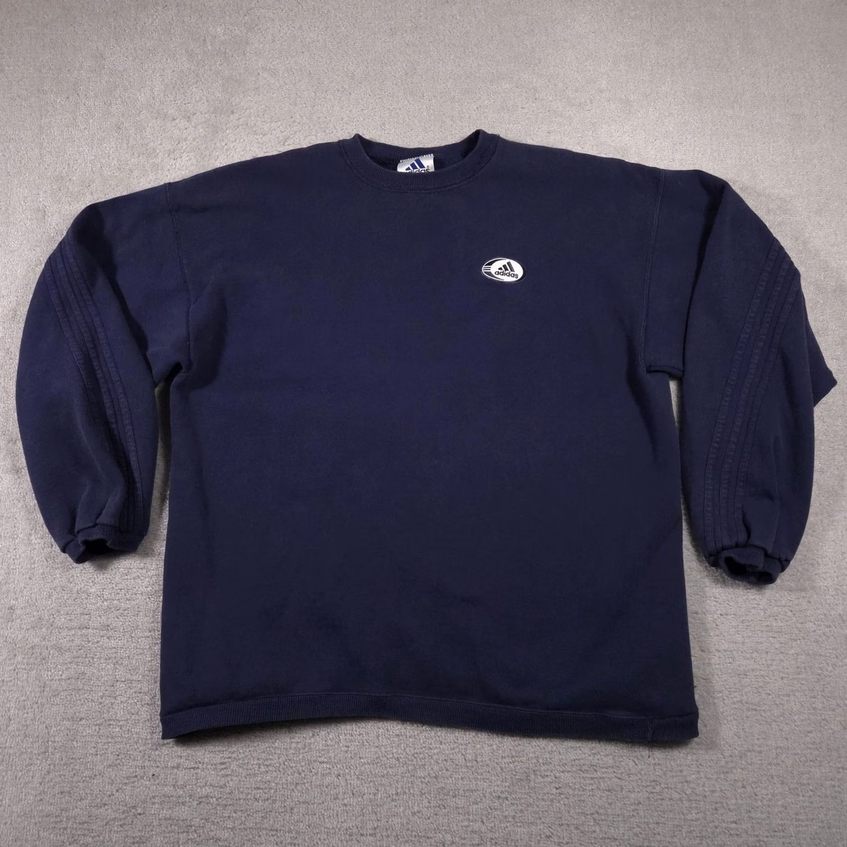 Adidas VINTAGE Adidas Sweater Mens XL Crewneck Pullover Navy Blue Three Stripe Logo Retro 00s Cotton Polyester Solid Knit Ribbed Cuffs Hem Size US XL / EU 56 / 4 - 2 Thumbnail