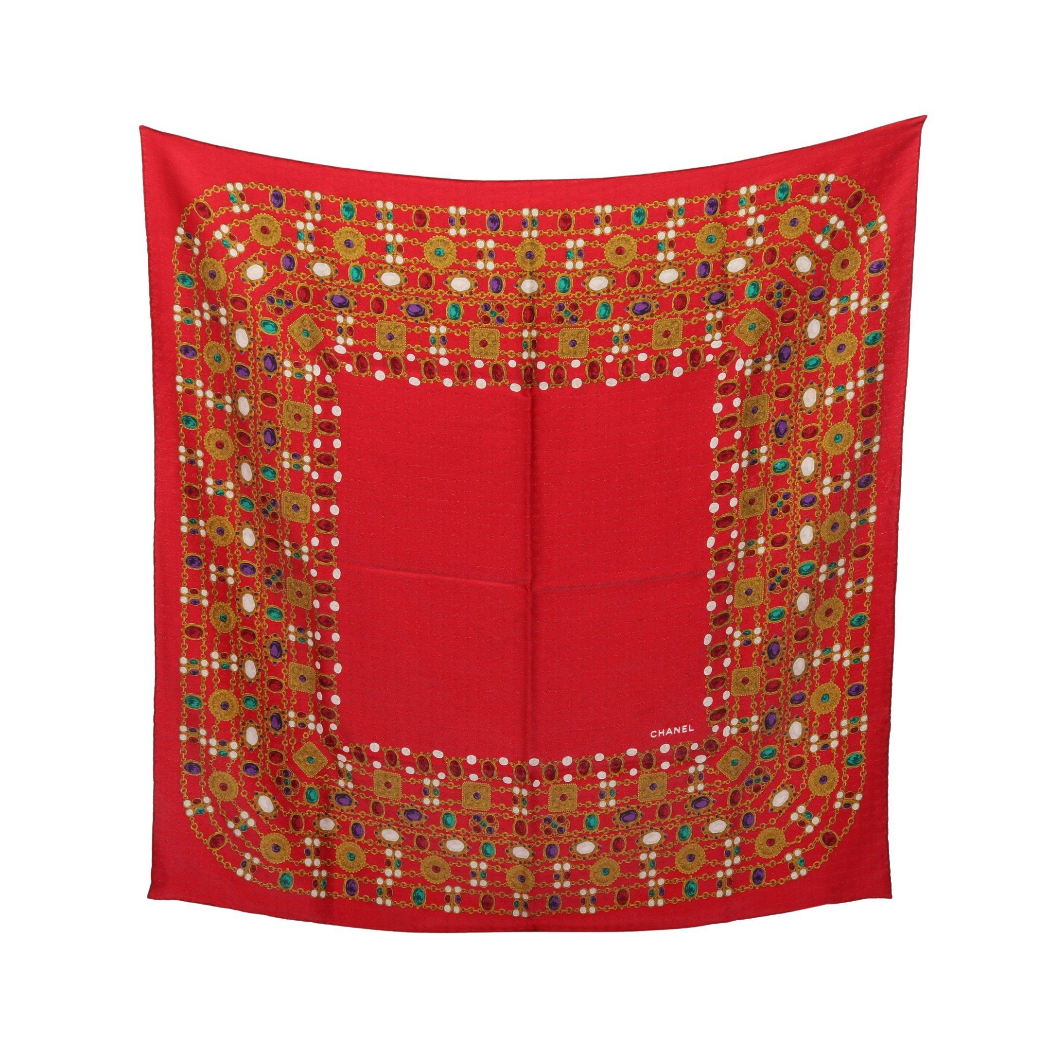 Chanel Chanel Coco Mark Gripoix Scarf Silk Red Multicolor Size ONE SIZE - 1 Thumbnail