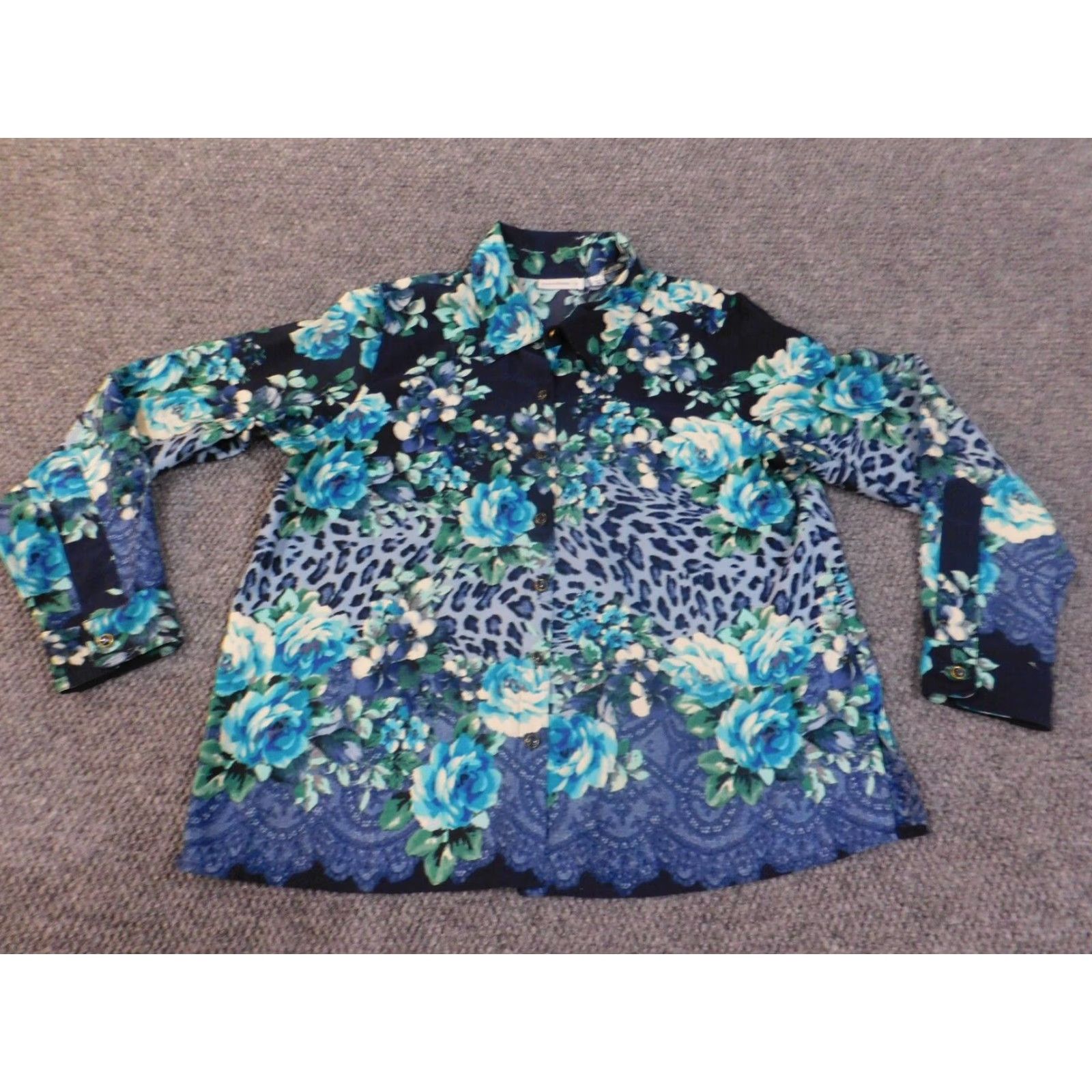 Vintage Susan Graver Button-Up Floral Blue Shirt Womens L Knit Polyester Casual Spring Summer Size L / US 10 / IT 46 - 2 Thumbnail