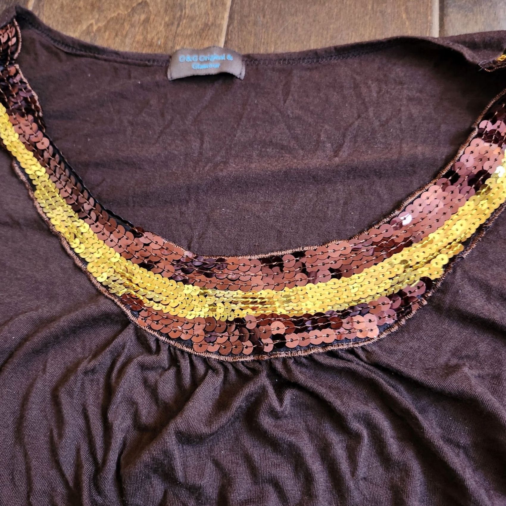 Vintage Glamour Blouse Shirt Junior L Brown Sequin Solid Short Sleeve Pullover Casual Party/Cocktail Fall Spring Summer Winter Women's Juniors L Size L / US 10 / IT 46 - 5 Thumbnail