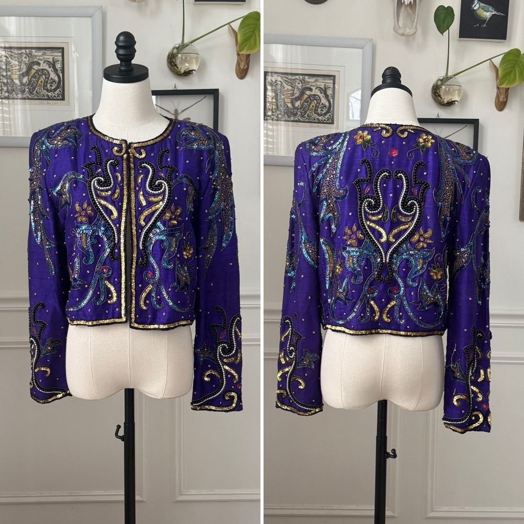 Vintage Vintage 80s Hudson’s Silk Purple Gold Bling Cropped Bolero J Size M / US 6-8 / IT 42-44 - 1 Thumbnail