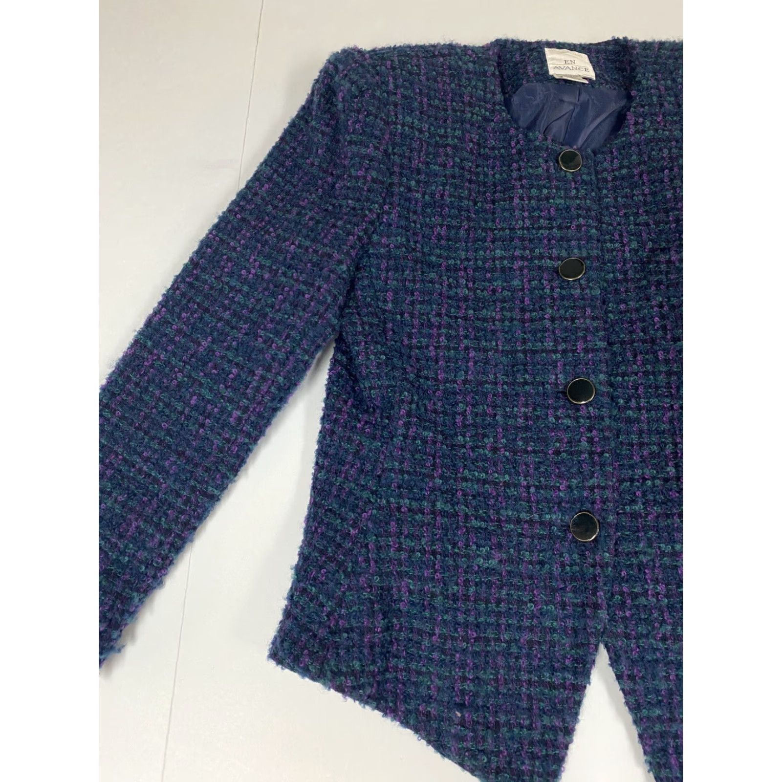 Vintage EN Avance Blazer Jacket Women 9 Blue Four-Button Casual Formal Wool Polyester Striped Notch Lapel Lightweight Mid-Length Modern Tuxedo Fall Winter Size M / US 6-8 / IT 42-44 - 3 Thumbnail