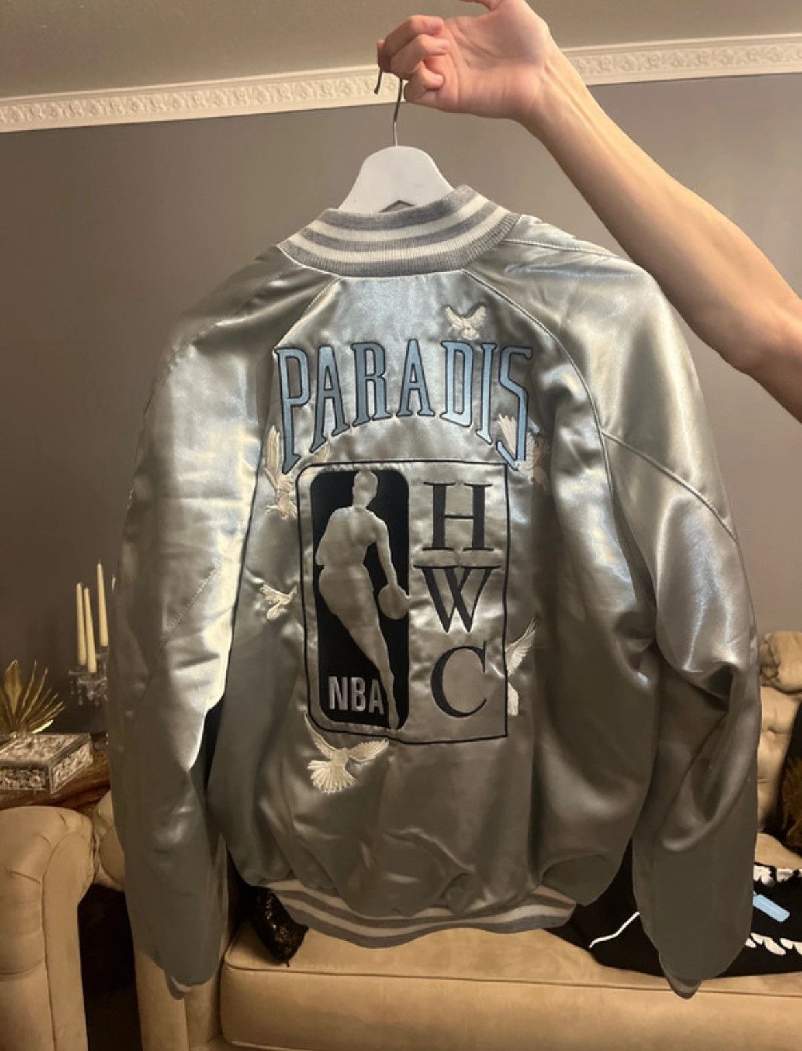 3.PARADIS 3.PARADIS x NBA Silver Varsity Jacket – Luxury Streetwear Size 36R - 2 Thumbnail