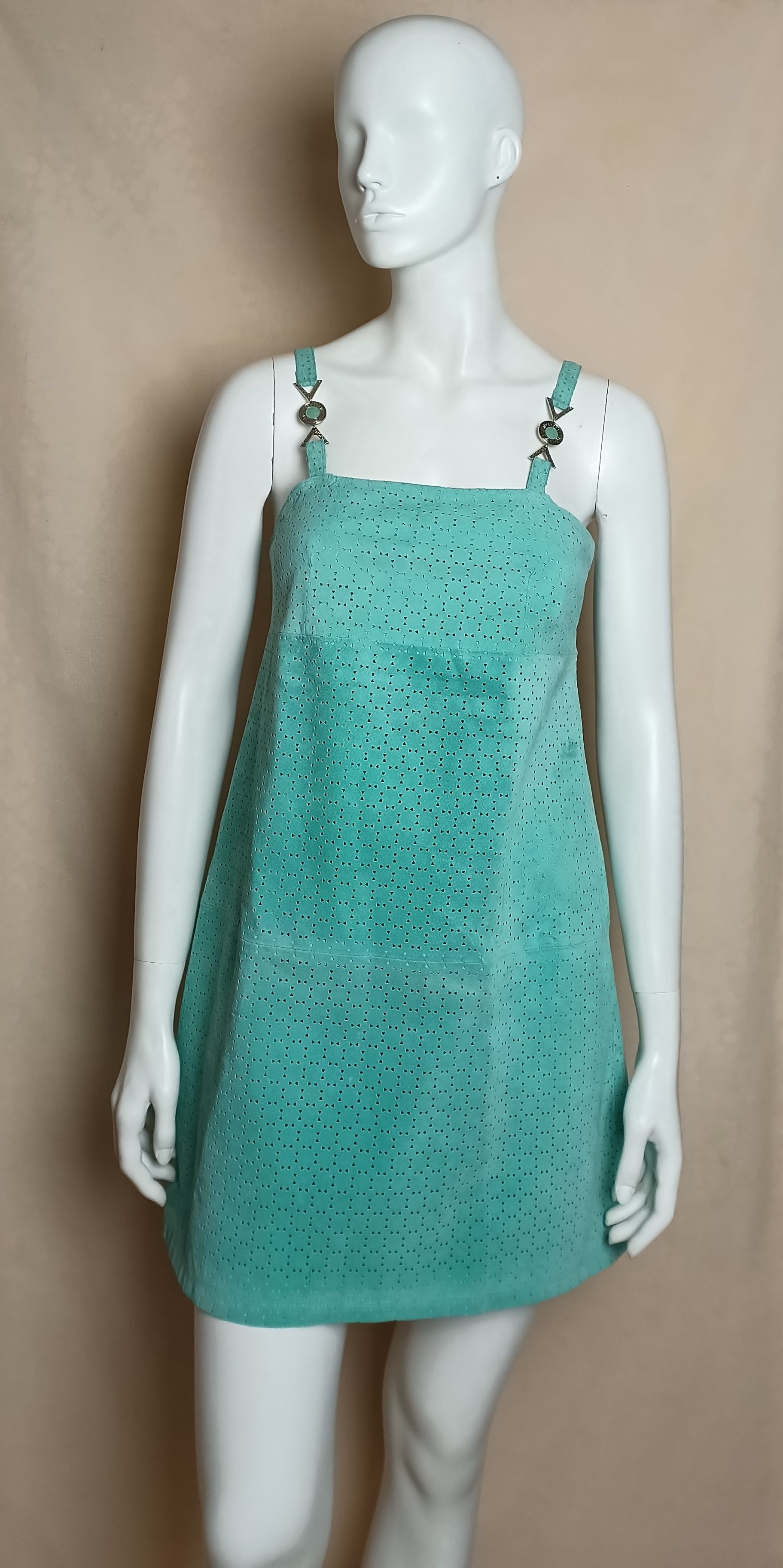 Versace Versace V2 Classic Turquoise Perforated Suede Leather Dress Size M / US 6-8 / IT 42-44 - 1 Thumbnail