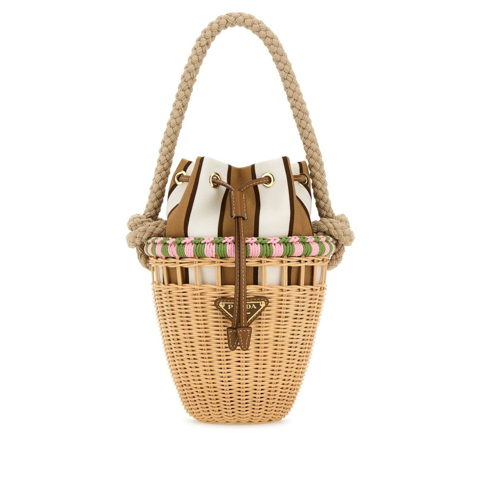 Prada PRADA Mini Basket Pink Striped Beige Brown Wicker Shopper Sh Size ONE SIZE - 1 Thumbnail
