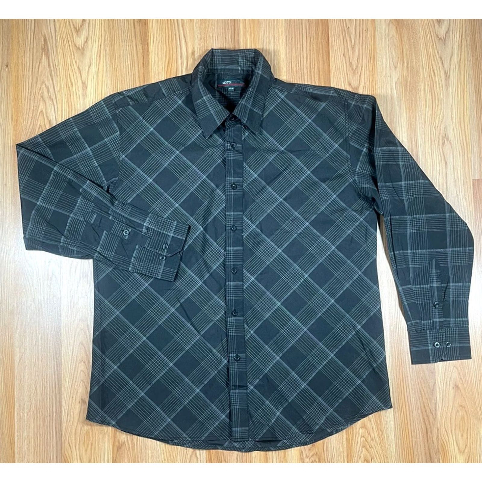 Vintage Moto Gear Black Gray Plaid Long Sleeve Button Front Casual Dress Shirt Mens XL Size US XL / EU 56 / 4 - 2 Thumbnail