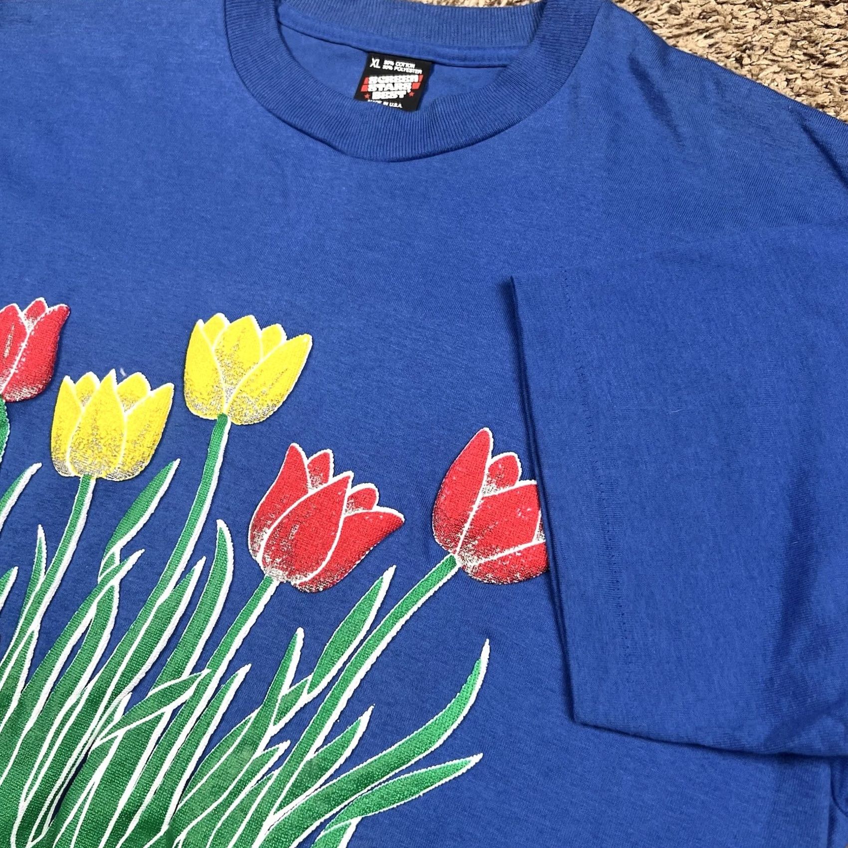 Vintage VINTAGE Screen Stars Best T-Shirt XL Blue Floral Tulip Puff Print Graphic 90s Unisex Adults Short Sleeve Crew Neck Made USA Size US XL / EU 56 / 4 - 4 Thumbnail