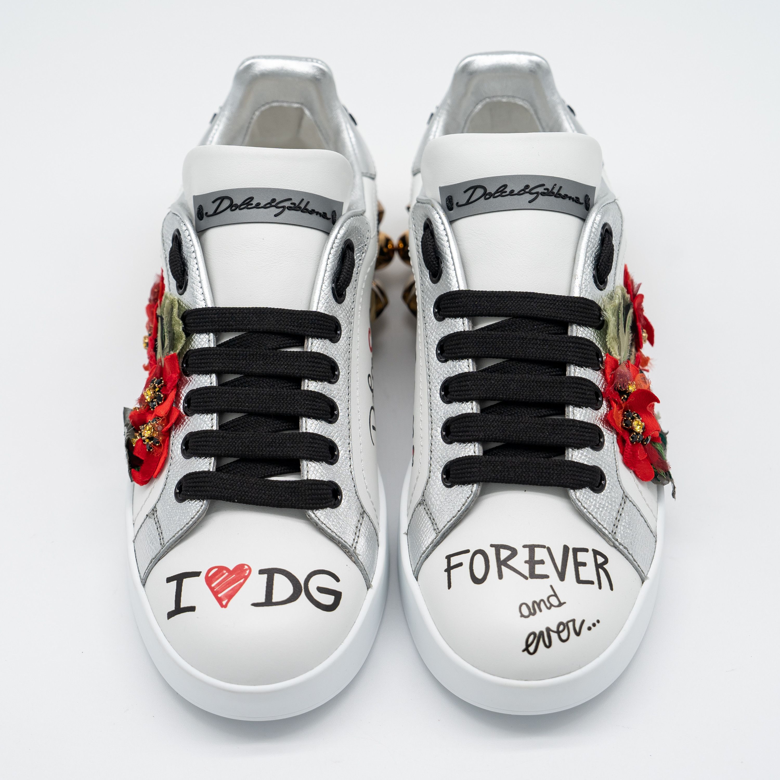 Dolce & Gabbana DOLCE & GABBANA White Portofino Floral Studded Sneakers Size US 6 / IT 36 - 3 Thumbnail