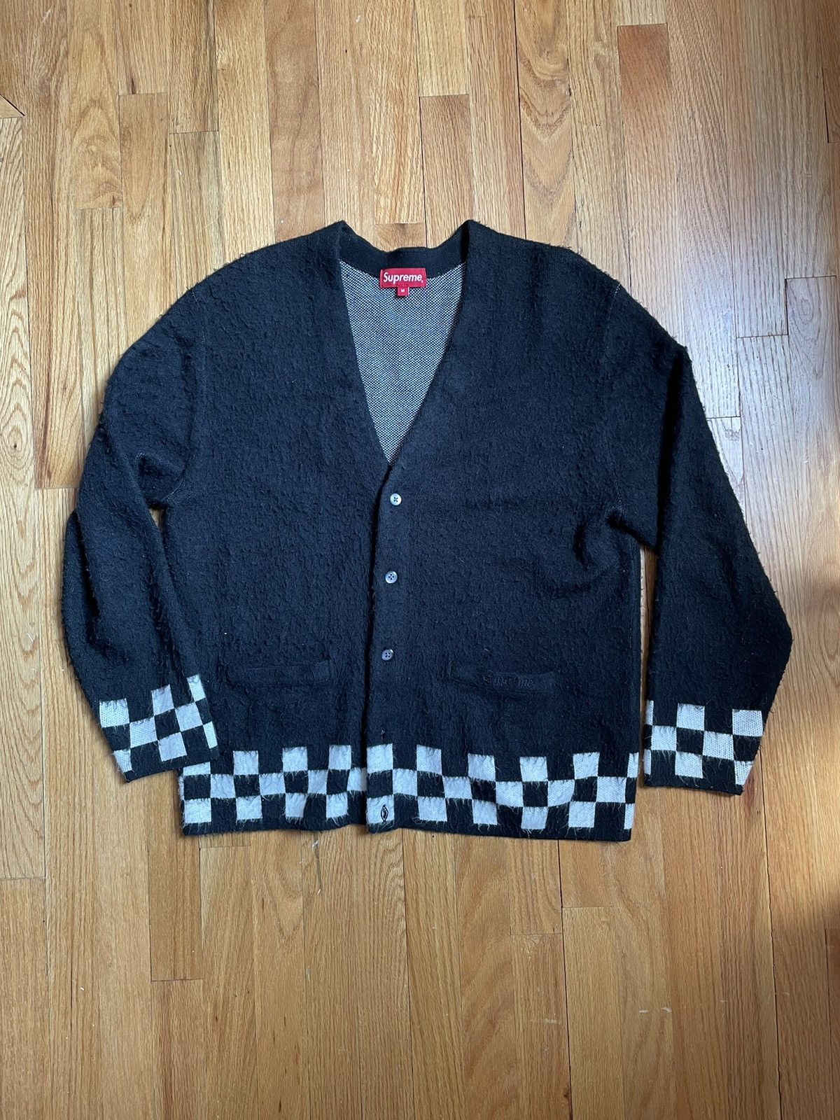 image of Supreme Ss21 Brushed Checkerboard Mohair Cardigan in Black/White, Men's (Size Medium)