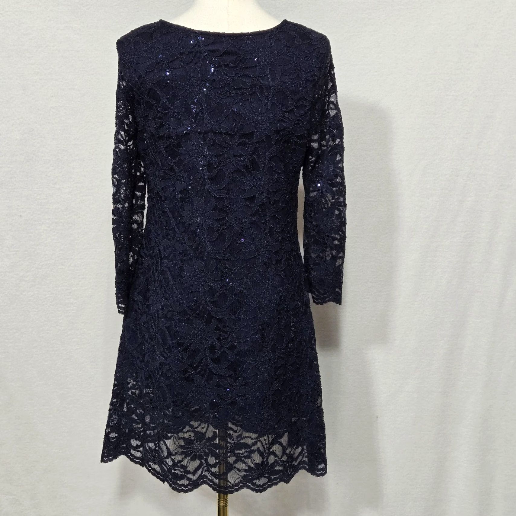 Vintage Marina Dress Womens 8 Navy Blue Lace Sequin Shift 3/4 Sleeve Party Cocktail Size M / US 6-8 / IT 42-44 - 3 Thumbnail