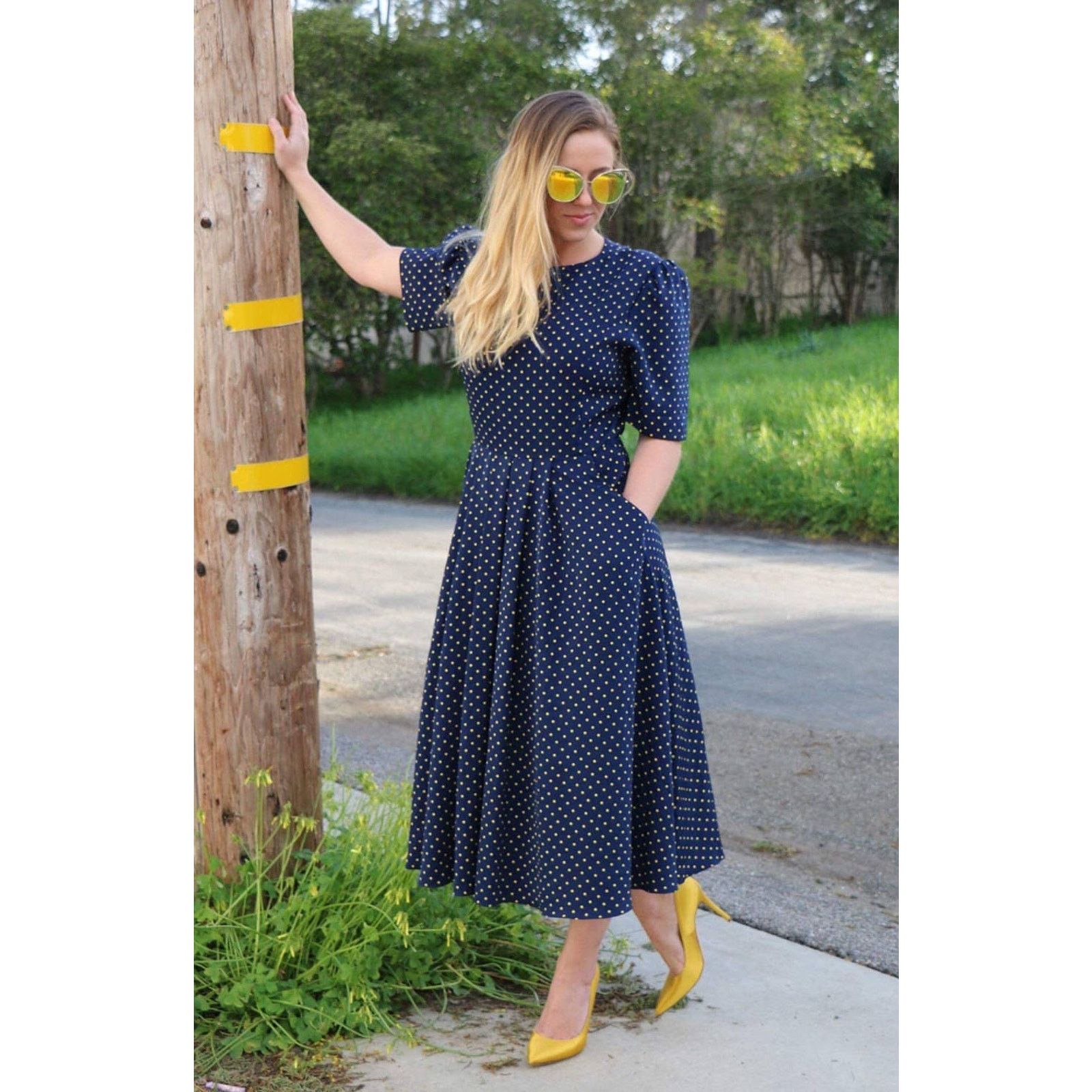 blue dress with yellow polka dots Teo Yellow Polka Dot Mini Dress