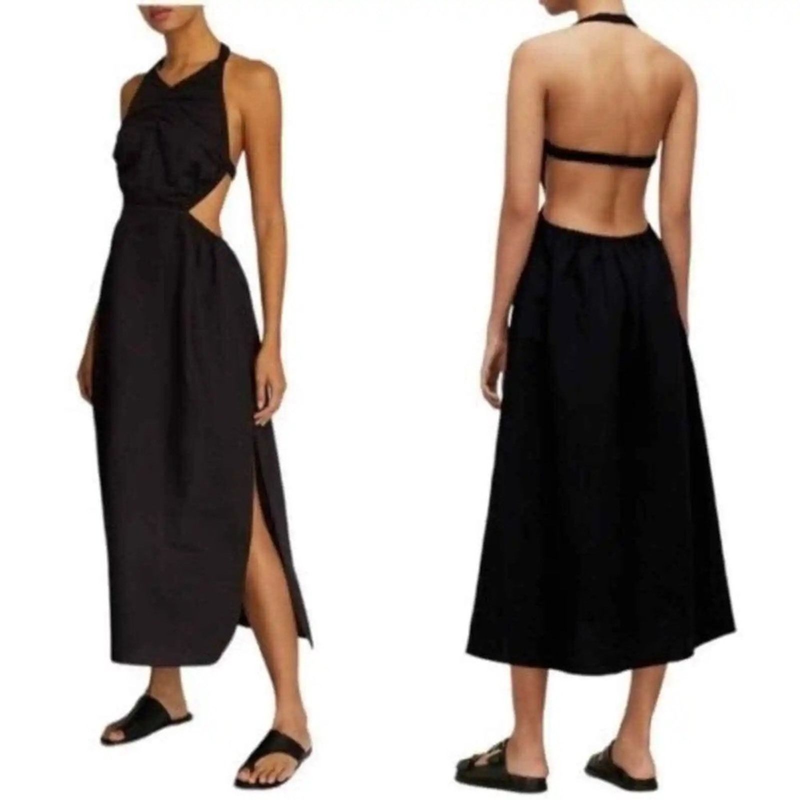 image of Allsaints All Saints Ludo Linen Cut Out Open Back Halter Dress 8 in Black, Women's (Size Medium)
