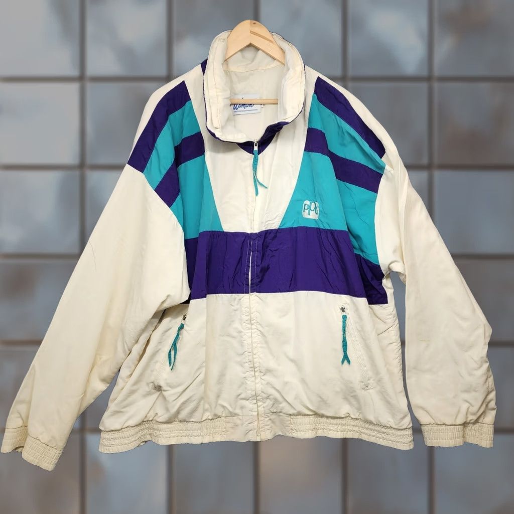 Vintage VINTAGE Wigman Windbreaker Jacket XXL White Turquoise Nylon PPG Made in USA 80s Mens Zip Windbreaker Jacket 2XL White Turquoise Mens Size US XXL / EU 58 / 5 - 1 Thumbnail