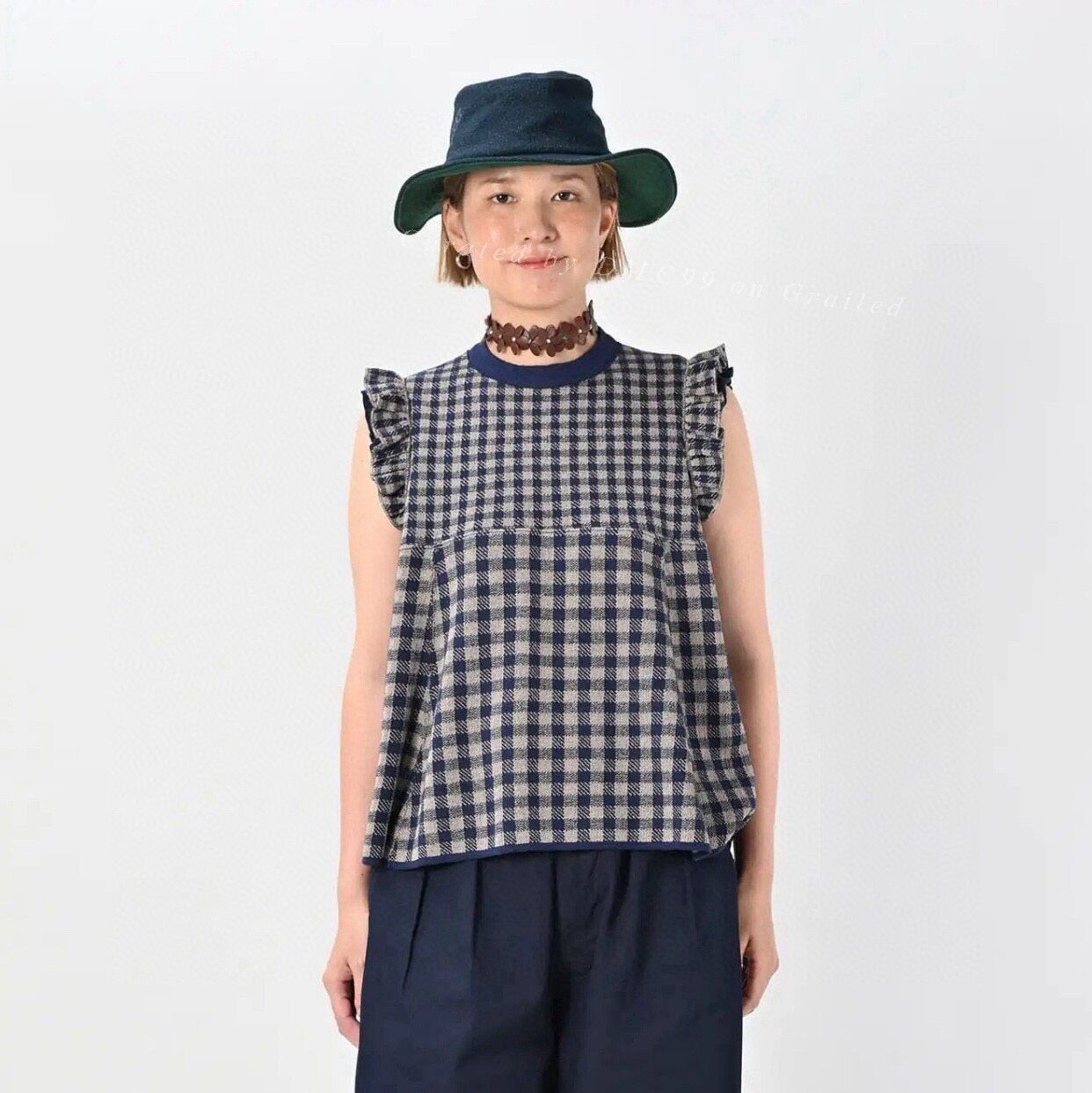 45rpm 45R Navy Check Flutter Sleeve Knit Size M / US 6-8 / IT 42-44 - 1 Thumbnail