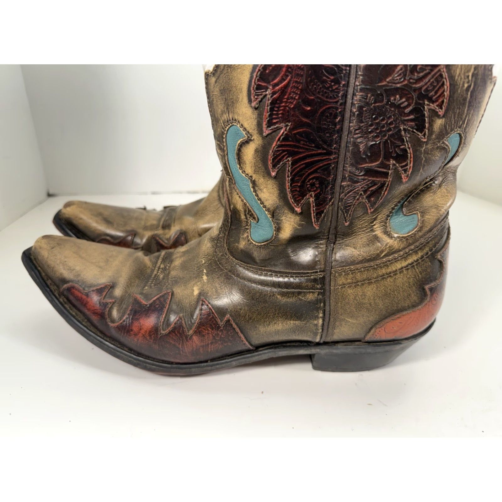 Vintage Smoky Mountain Boots Boots Men 9.5 D Brown Leather Inlay White Cross Snipped Toe 6229 Brown Leather Western United States Mens Size US 10 / EU 43 - 5 Thumbnail