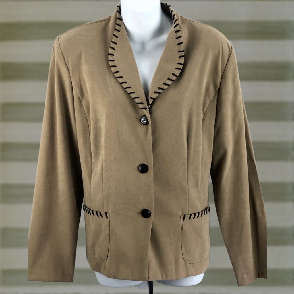 Vintage VINTAGE Studio 1940 Blazer Jacket 14 Brown Microsuede Whipstitch Trim 3Button Western Boho Casual Women Size XL / US 12-14 / IT 48-50 - 1 Thumbnail