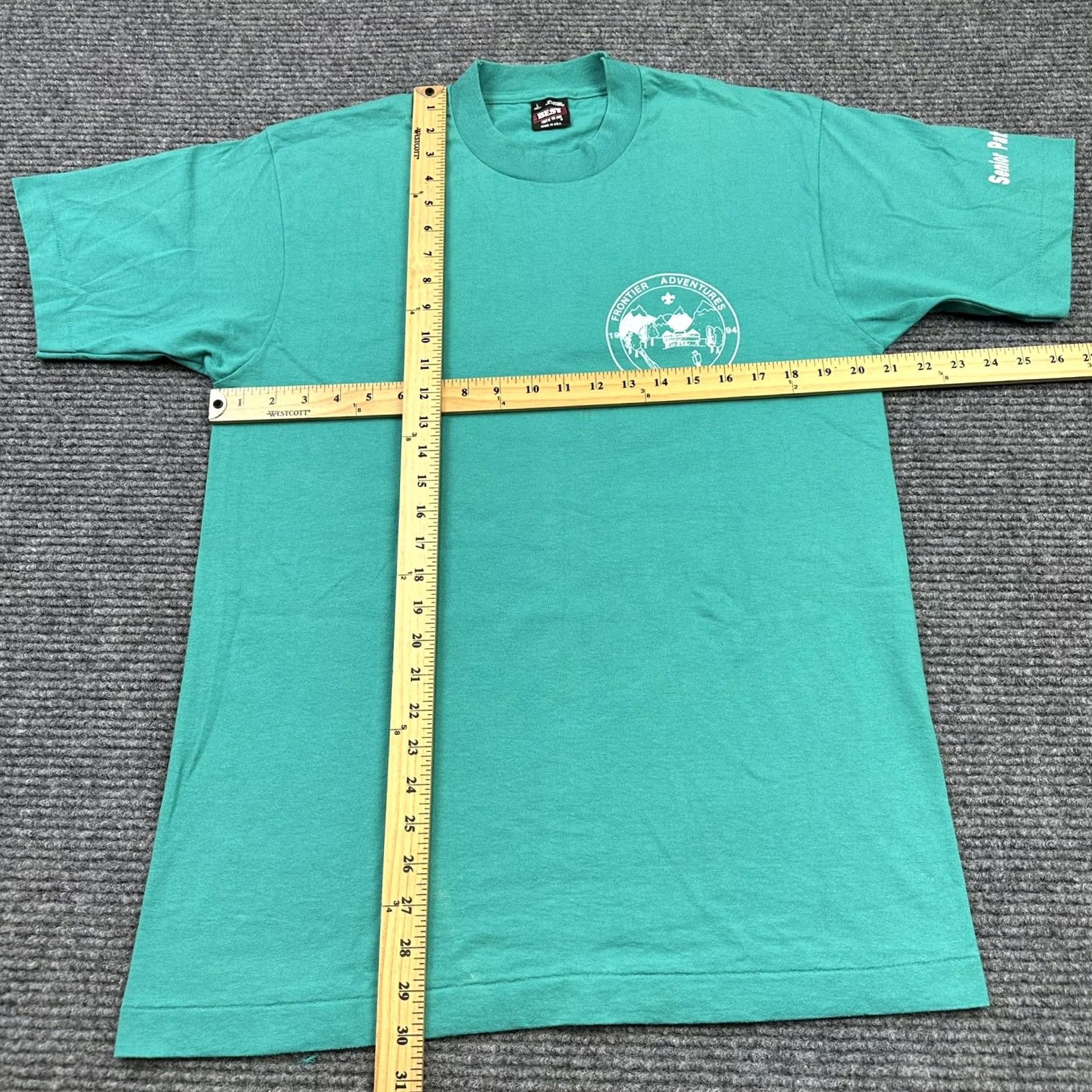 Fruit Of The Loom VINTAGE 1990s Grunge Single Stitch T Shirt Camp Durant Staff Shirt 1994 USA Green Mens L Shirt Size US L / EU 52-54 / 3 - 4 Thumbnail