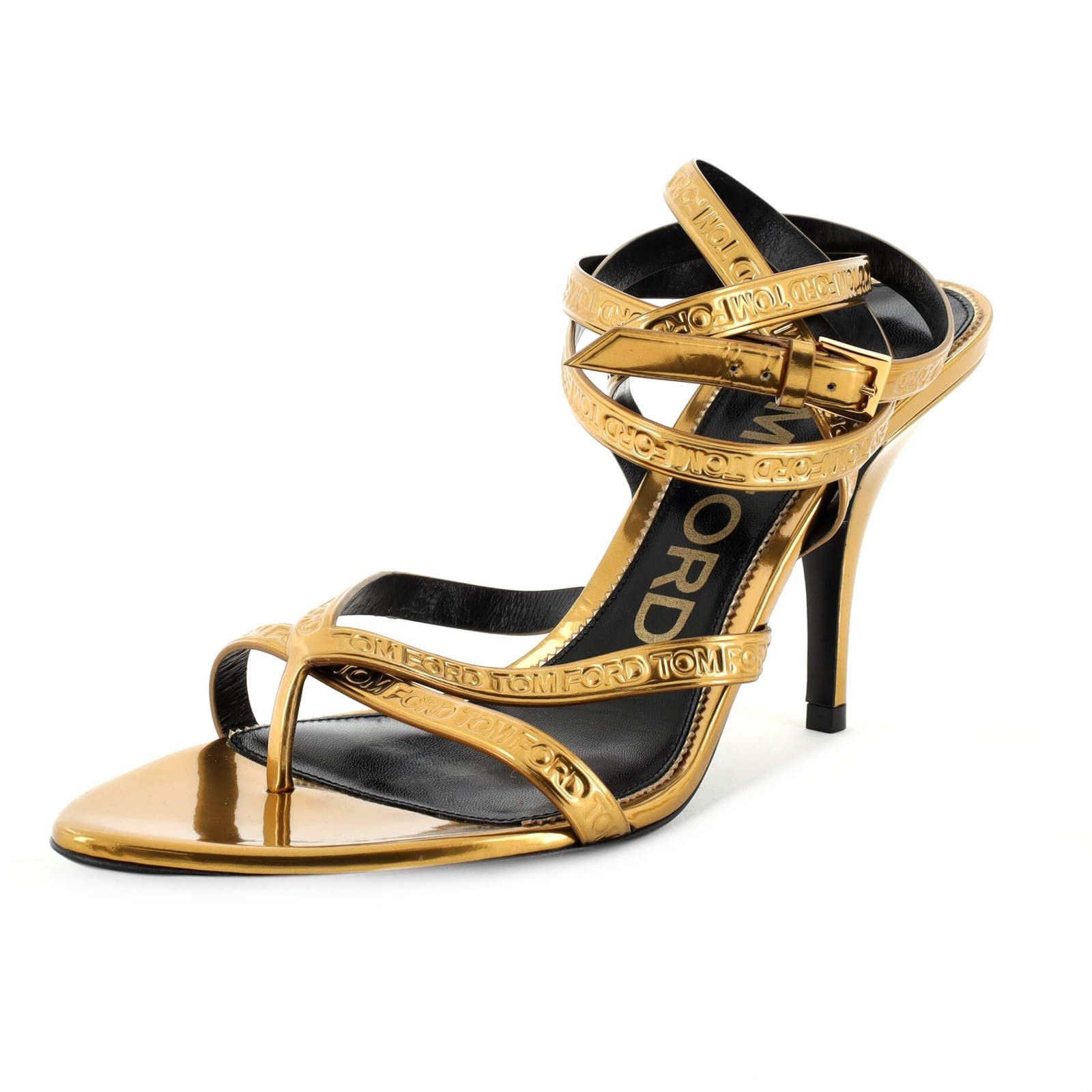 image of Tom Ford Women's Thong Ankle Wrap Sandals Embossed Leather None in Gold (Size 10)