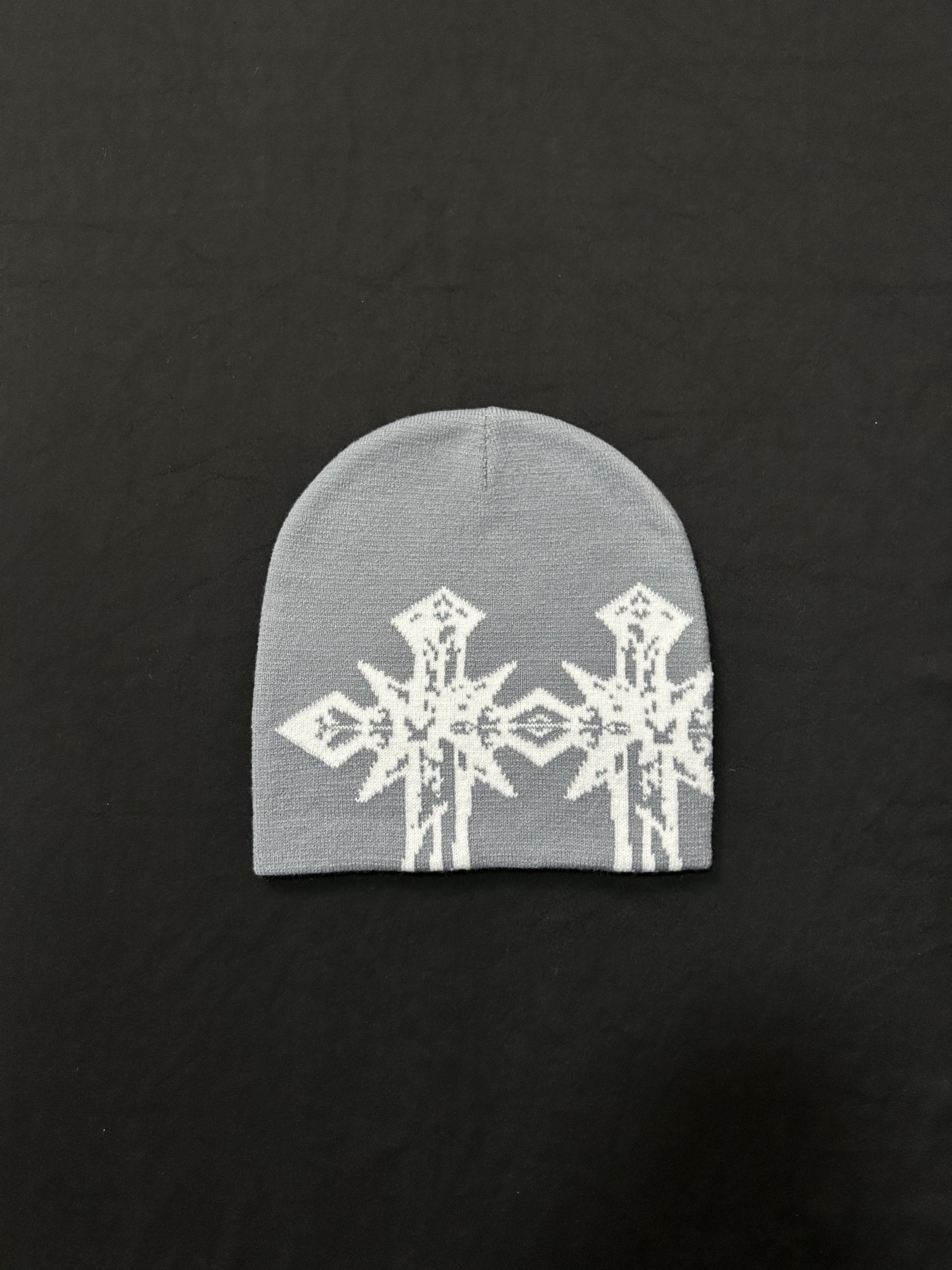 Japanese Brand Rare Double Crosses Graphic No Cuff Knit Beanie Grey Hat OS Size ONE SIZE - 1 Thumbnail